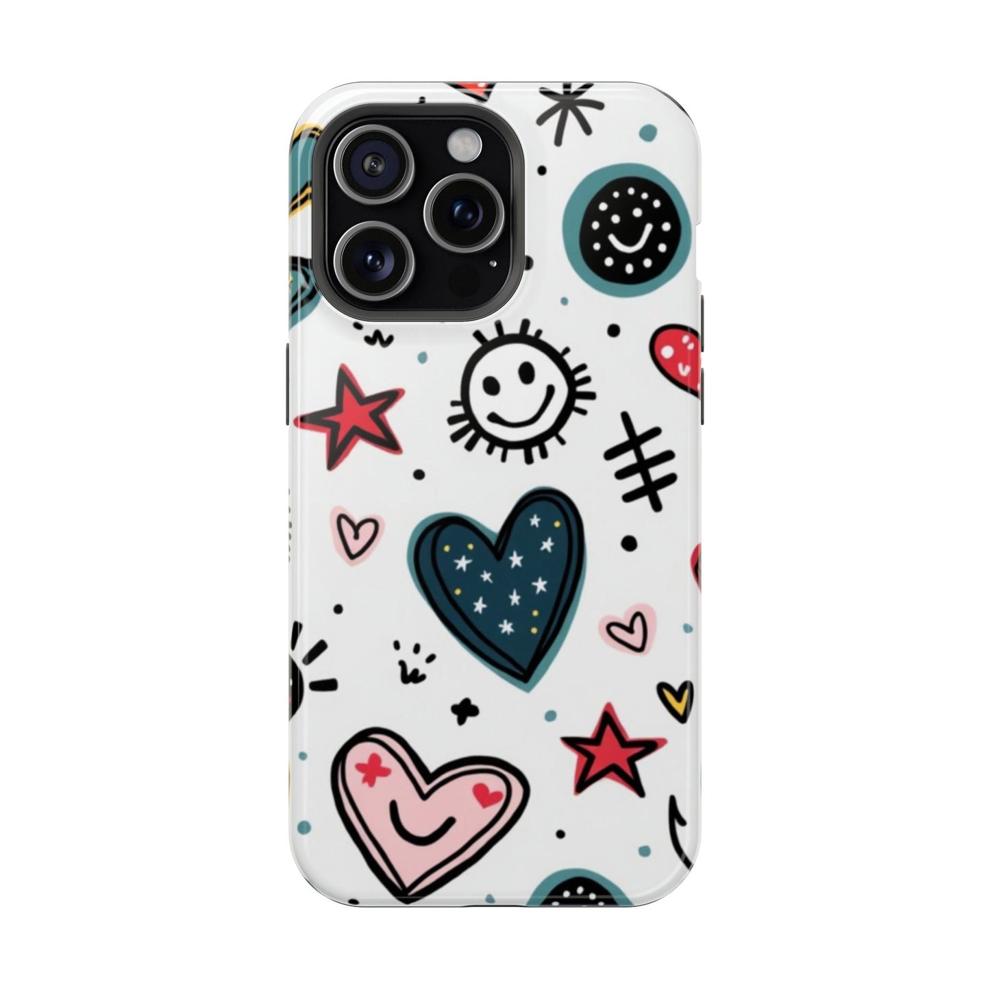 iPhone tough case with colorful cartoon hearts and smiles design, durable dual-layer protection with MagSafe compatibility
