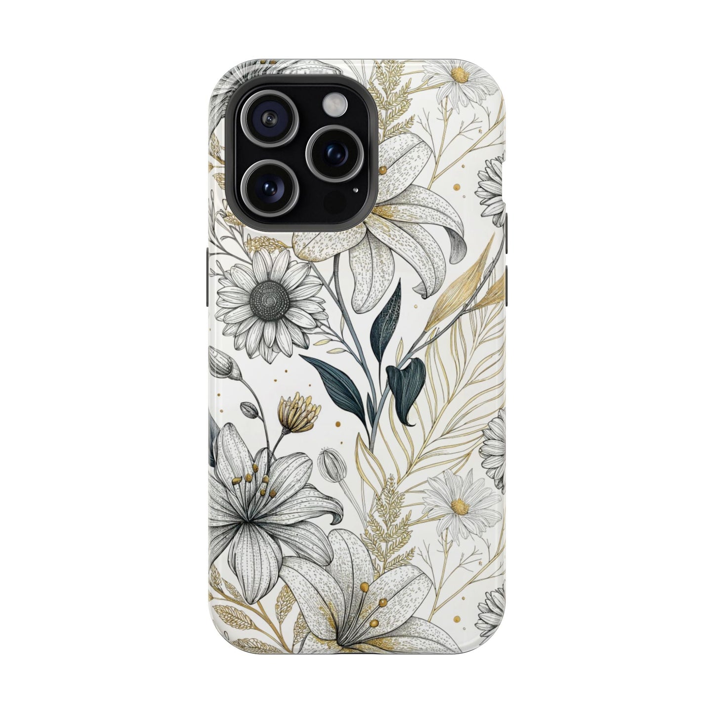 Golden Leaf Flower modern minimalist tough iPhone case with protective dual-layer design and MagSafe compatibility
