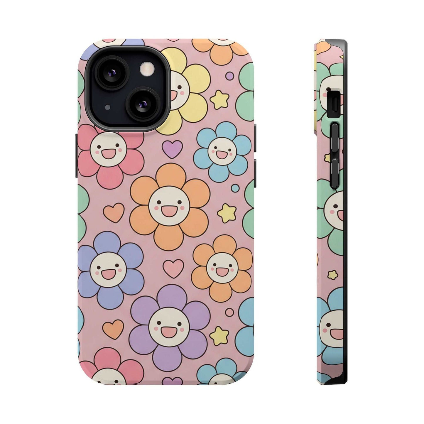 Happy Flower iPhone Tough Case with colorful smiling floral pattern, dual-layer impact-resistant MagSafe compatible phone cover.