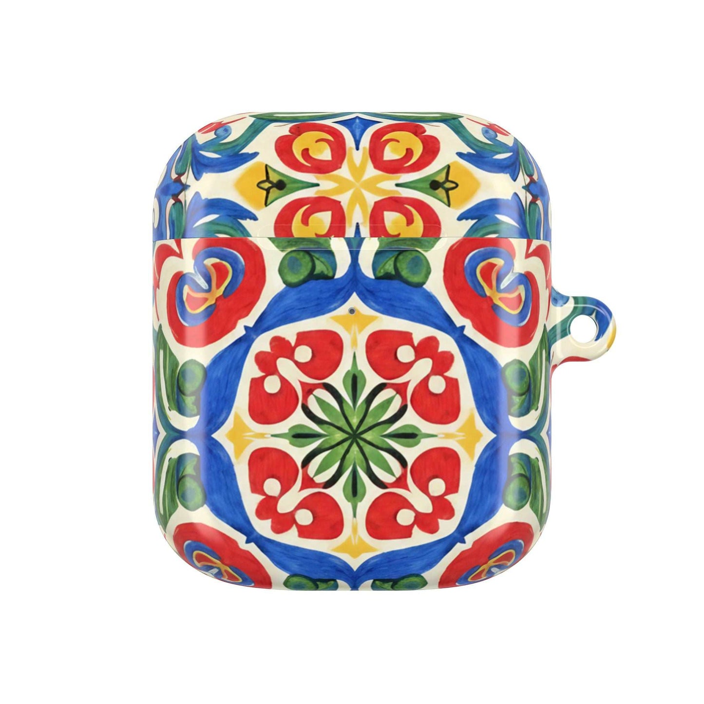 Mediterranean hand-painted folk tile design AirPods case with vibrant blue, red, green, and cream ceramic-inspired pattern and carabiner loop