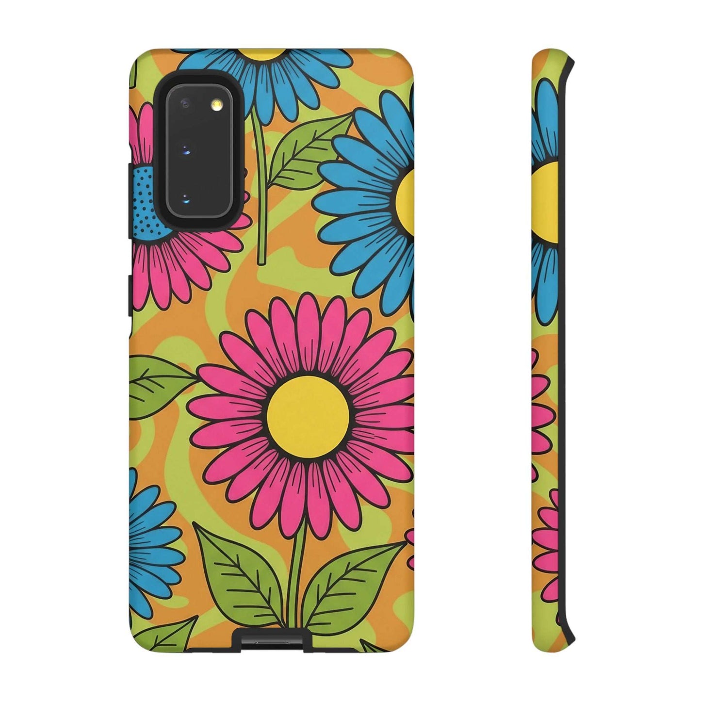 Samsung Tough Case with colorful floral design, durable impact-resistant shell, shock-absorption silicone liner, and wireless charging compatible phone cover