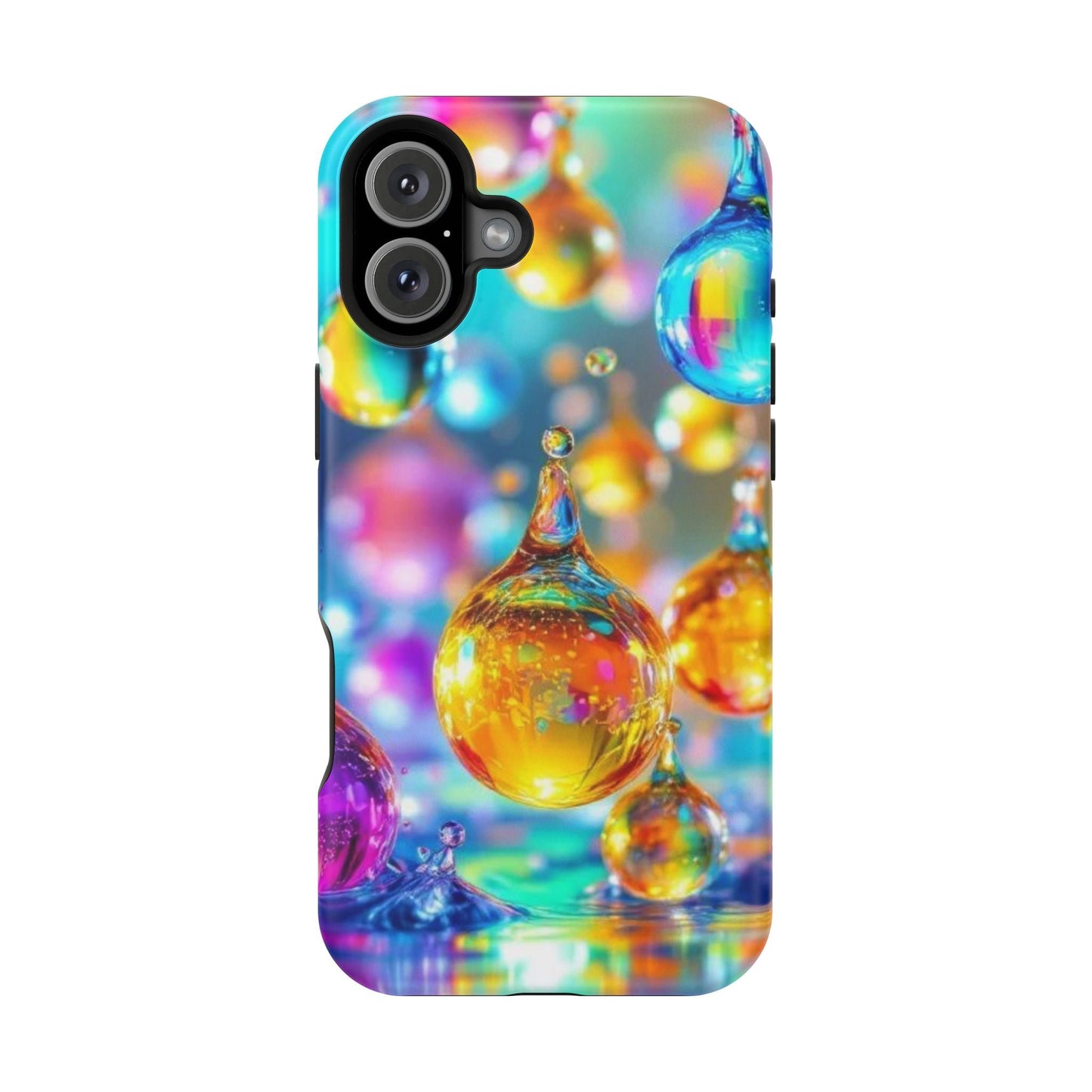 Colorful iPhone tough case with golden raindrop design and MagSafe compatibility
