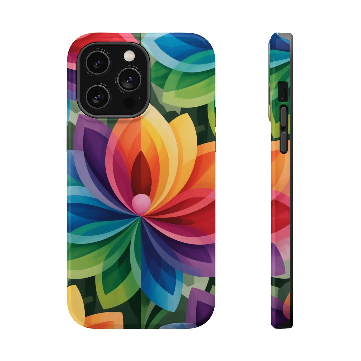 Colorful Rainbow Flower iPhone case with vibrant floral design and protective dual-layer polycarbonate shell