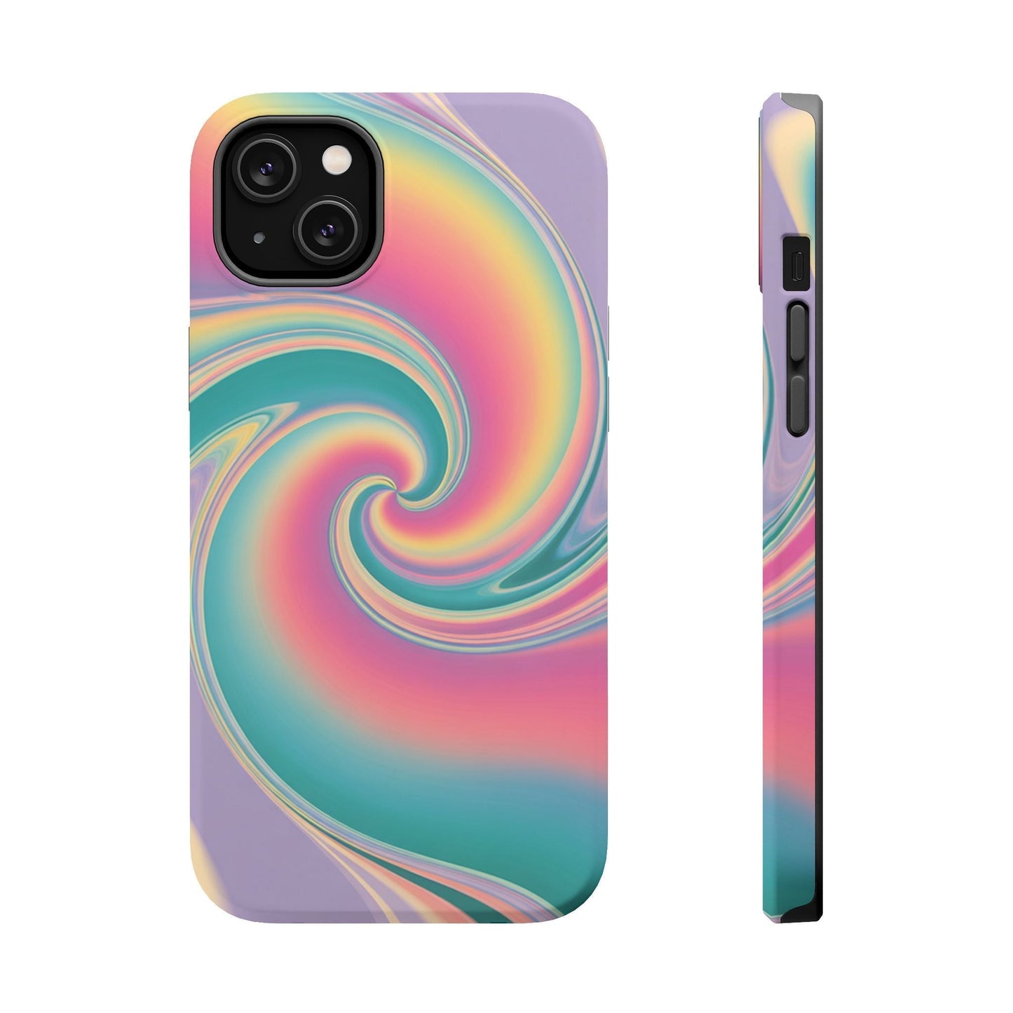 Vibrant Cotton Candy swirl pastel iPhone tough protective case with dual-layer design and MagSafe compatibility