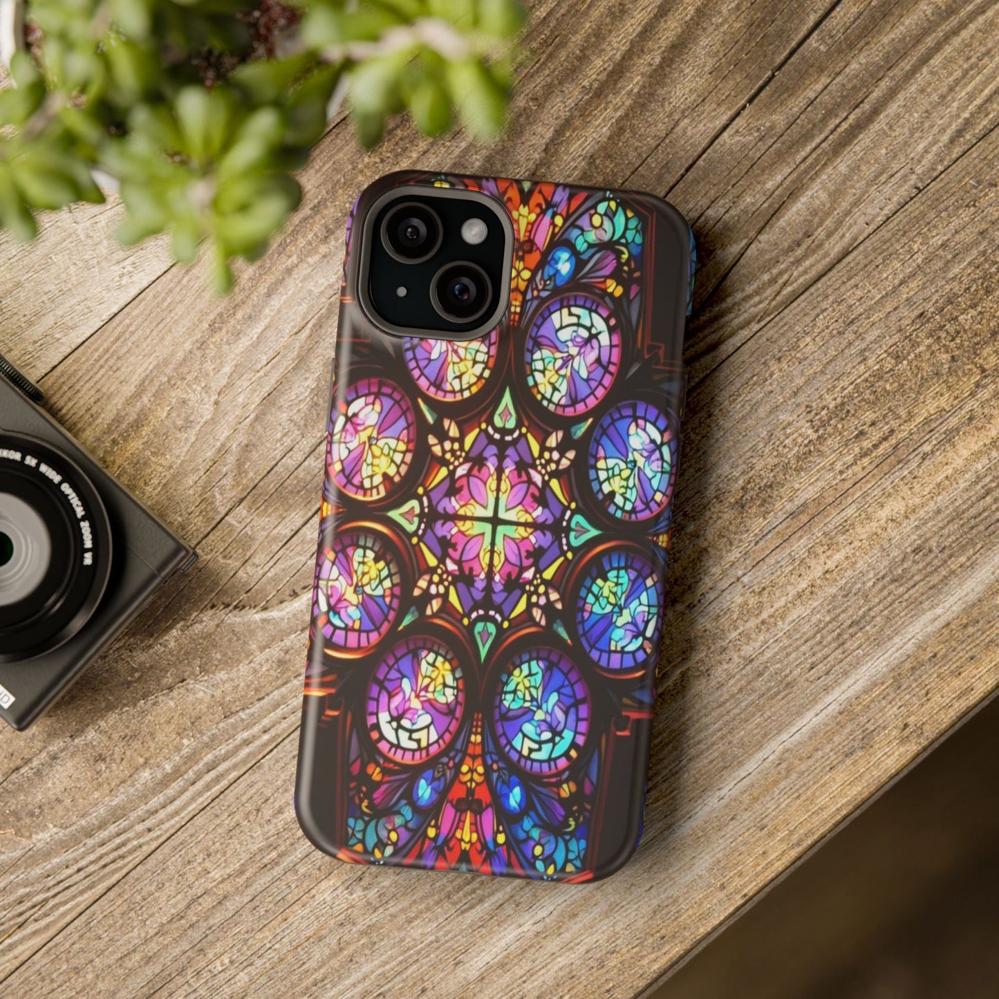 iPhone case with colorful hypnotic stained glass design and tough protective shell