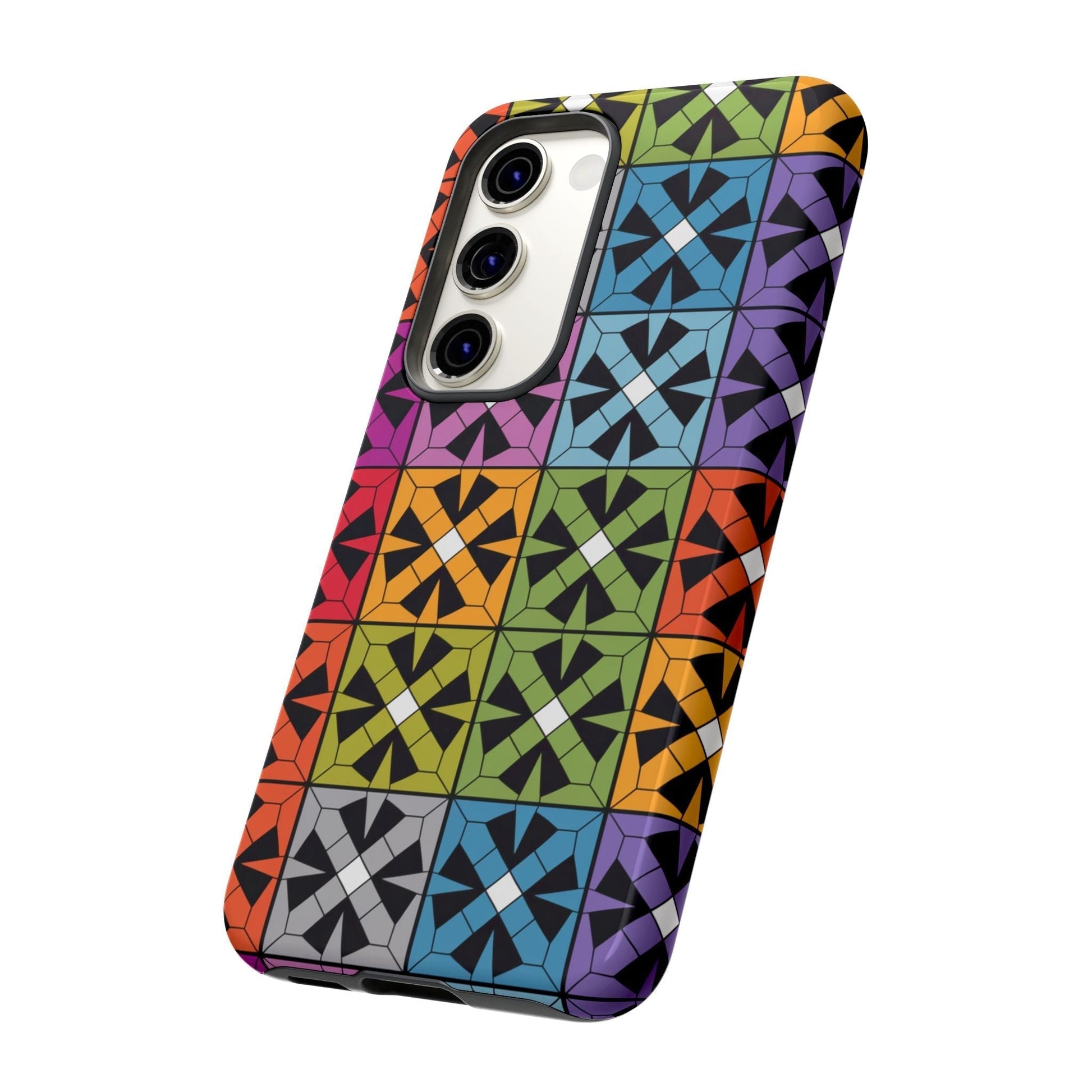 Samsung Tough Case with rainbow abstract square design, durable shock-resistant protective phone cover
