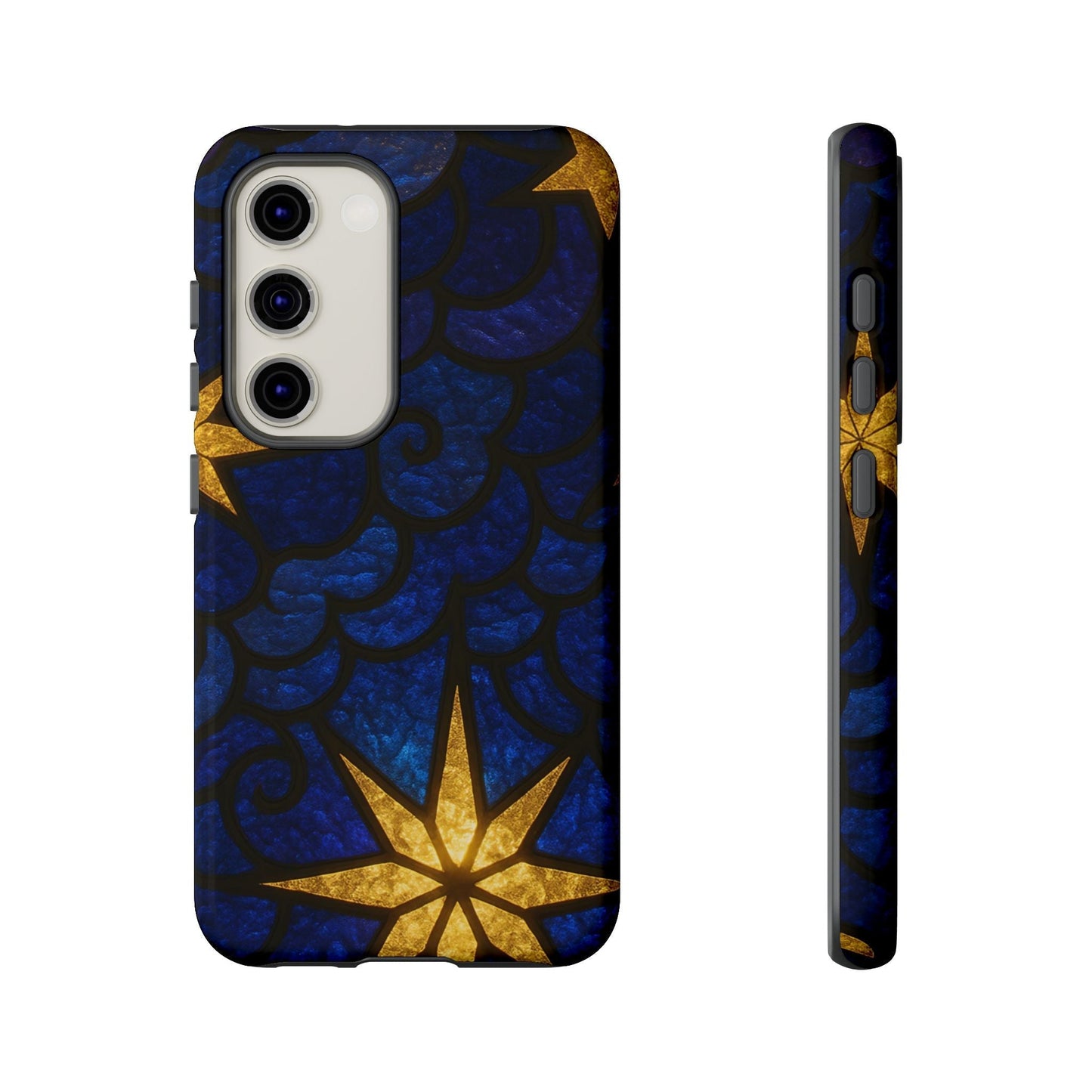 Golden Star Samsung phone case with blue and gold star design, durable and impact-resistant protection for Samsung Galaxy models