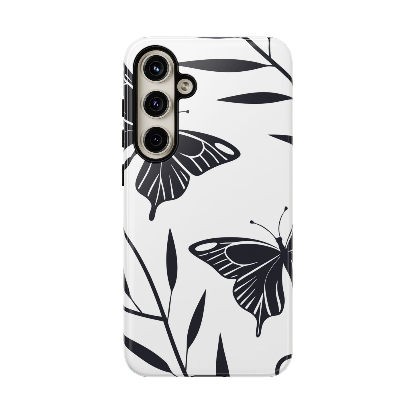 Minimalist black and white butterfly pattern Samsung tough phone case with elegant botanical design