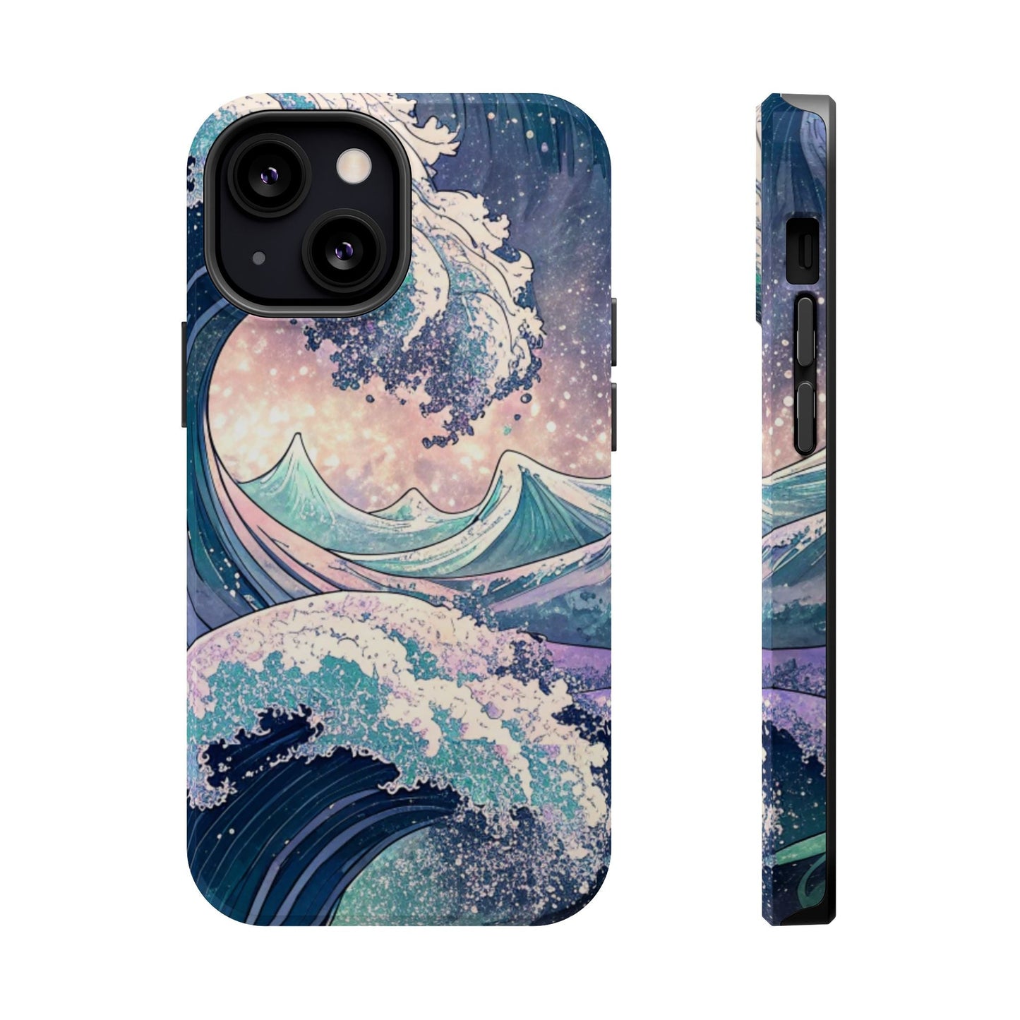 iPhone magnetic tough case with vibrant crashing waves design, durable dual-layer protection, and glossy or matte finish