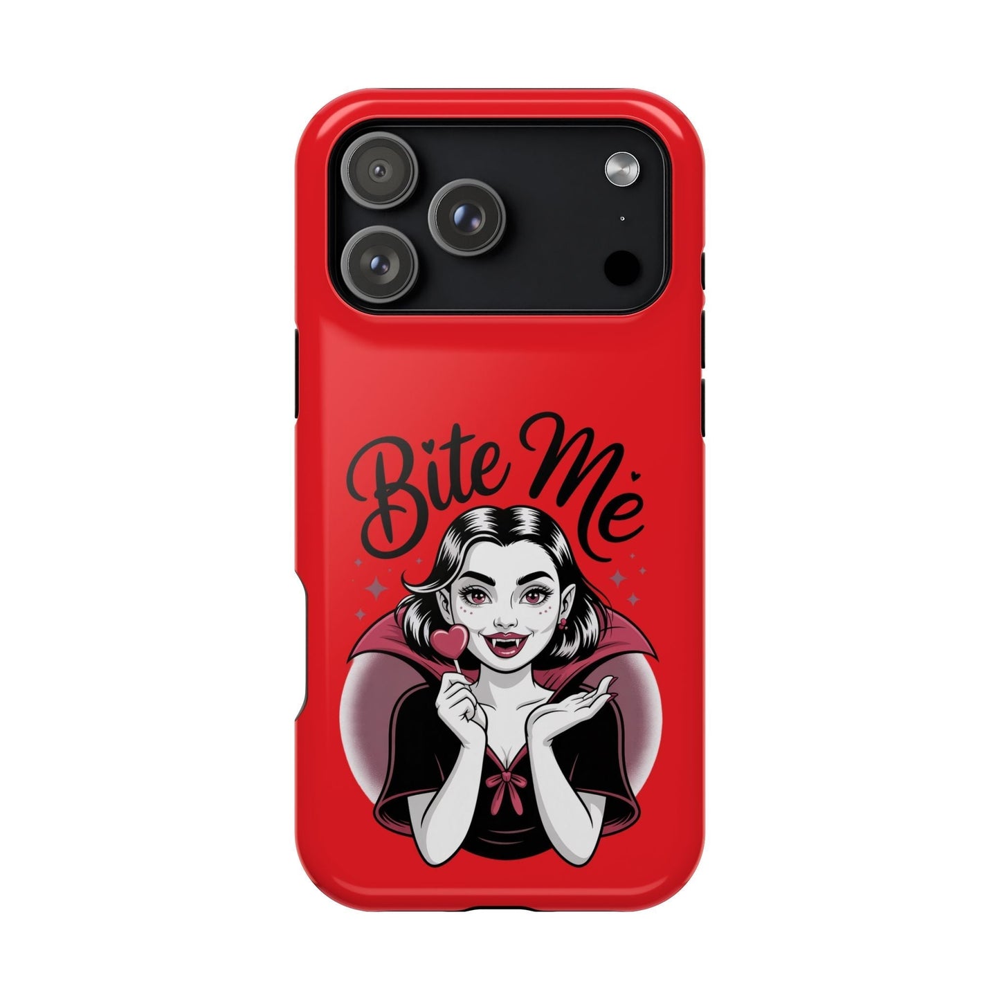 Halloween Vampire iPhone tough case with red "Bite Me" design and vampire illustration