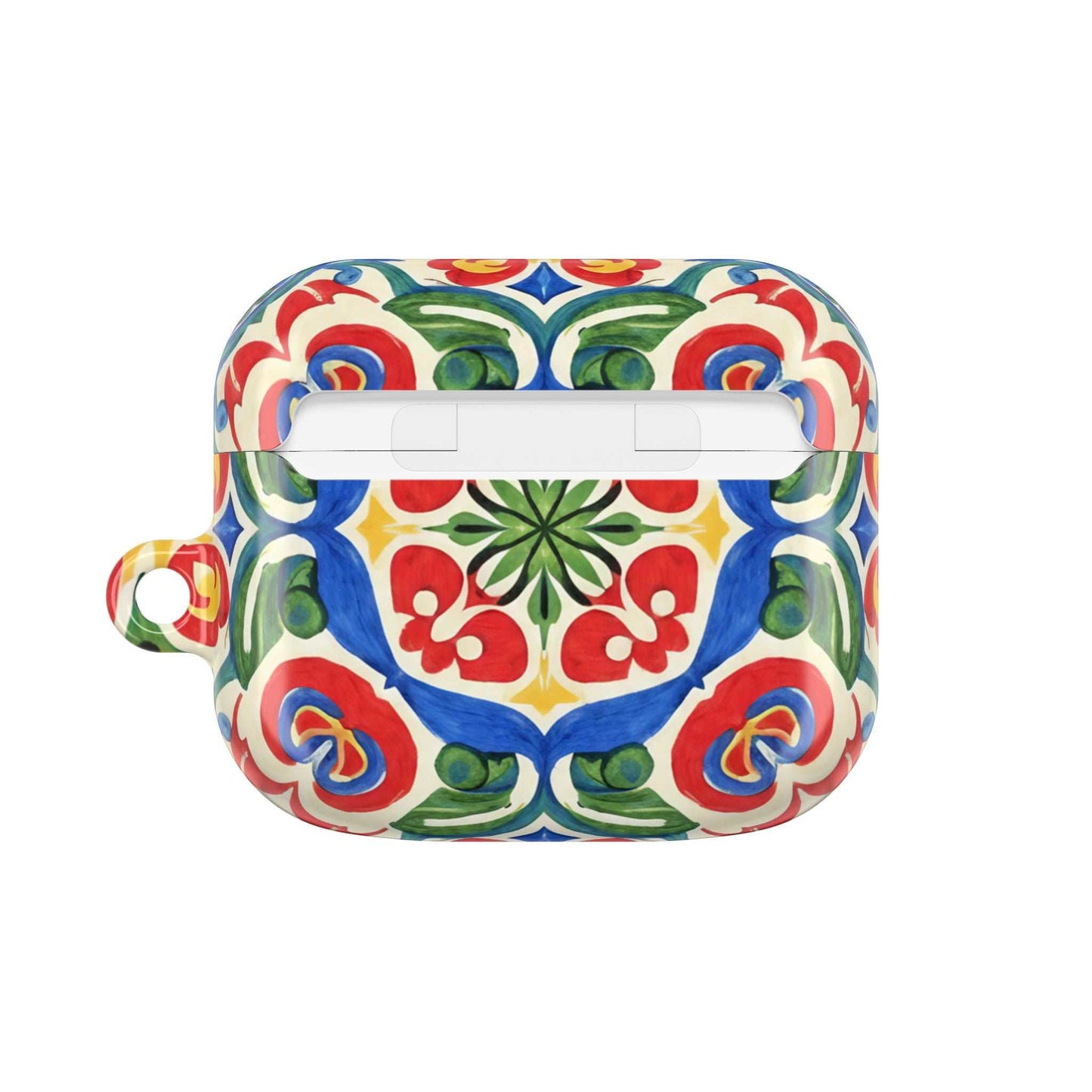 Mediterranean hand-painted folk tile AirPods case with vibrant blue, red, green, and cream ceramic-inspired design and carabiner clip