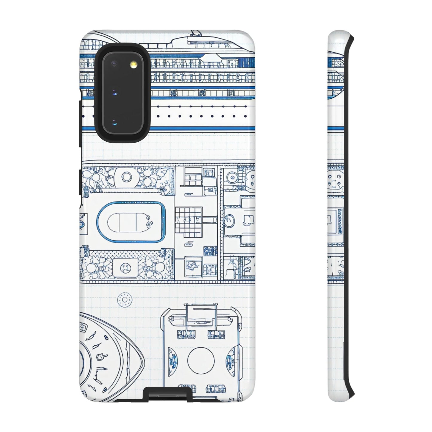 Samsung phone case with detailed cruise ship design blueprint, durable and protective.