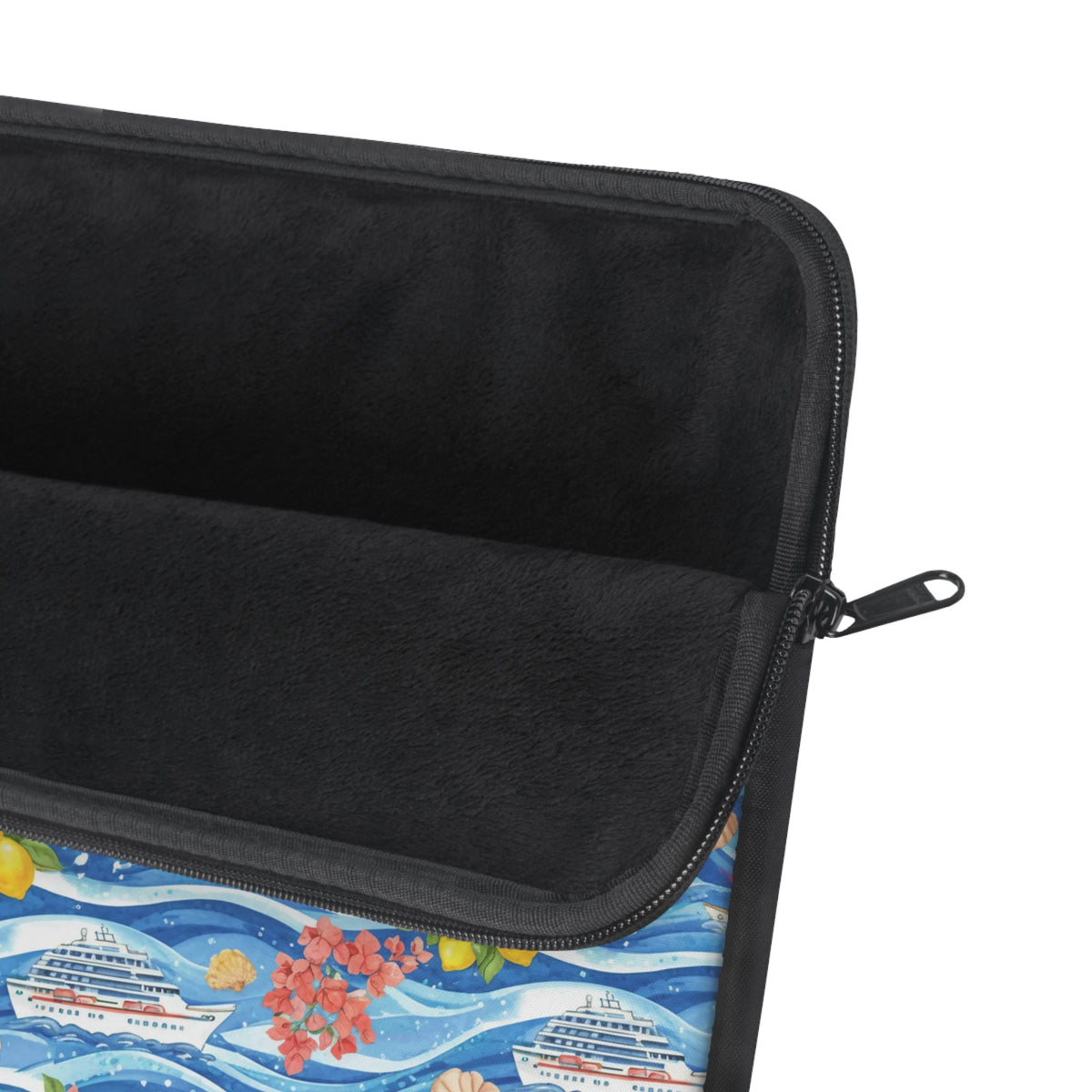 Laptop sleeve with a watercolor print of cruise ships, waves, lemons, and seashells.