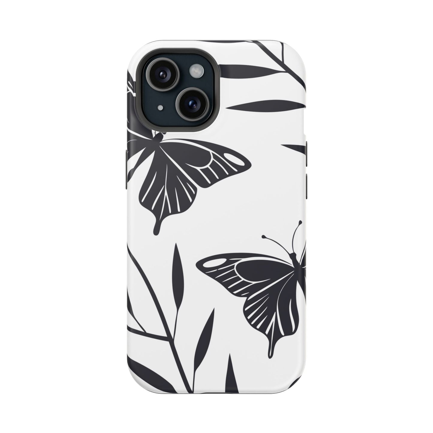 Black and white minimalist butterfly design iPhone case with matte finish and MagSafe compatibility