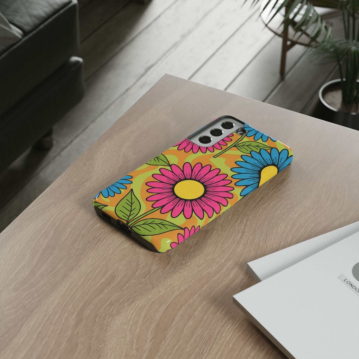 Samsung Tough Case with colorful floral Love Child design on wooden table