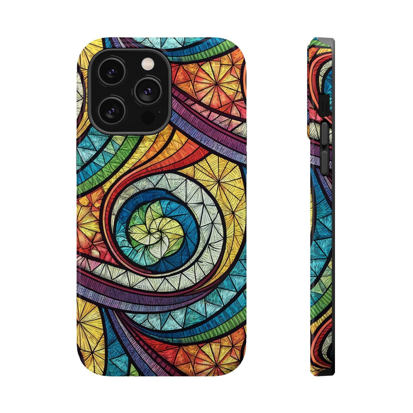 Stained glass inspired rainbow swirl design iPhone case with durable dual-layer protection and MagSafe compatibility