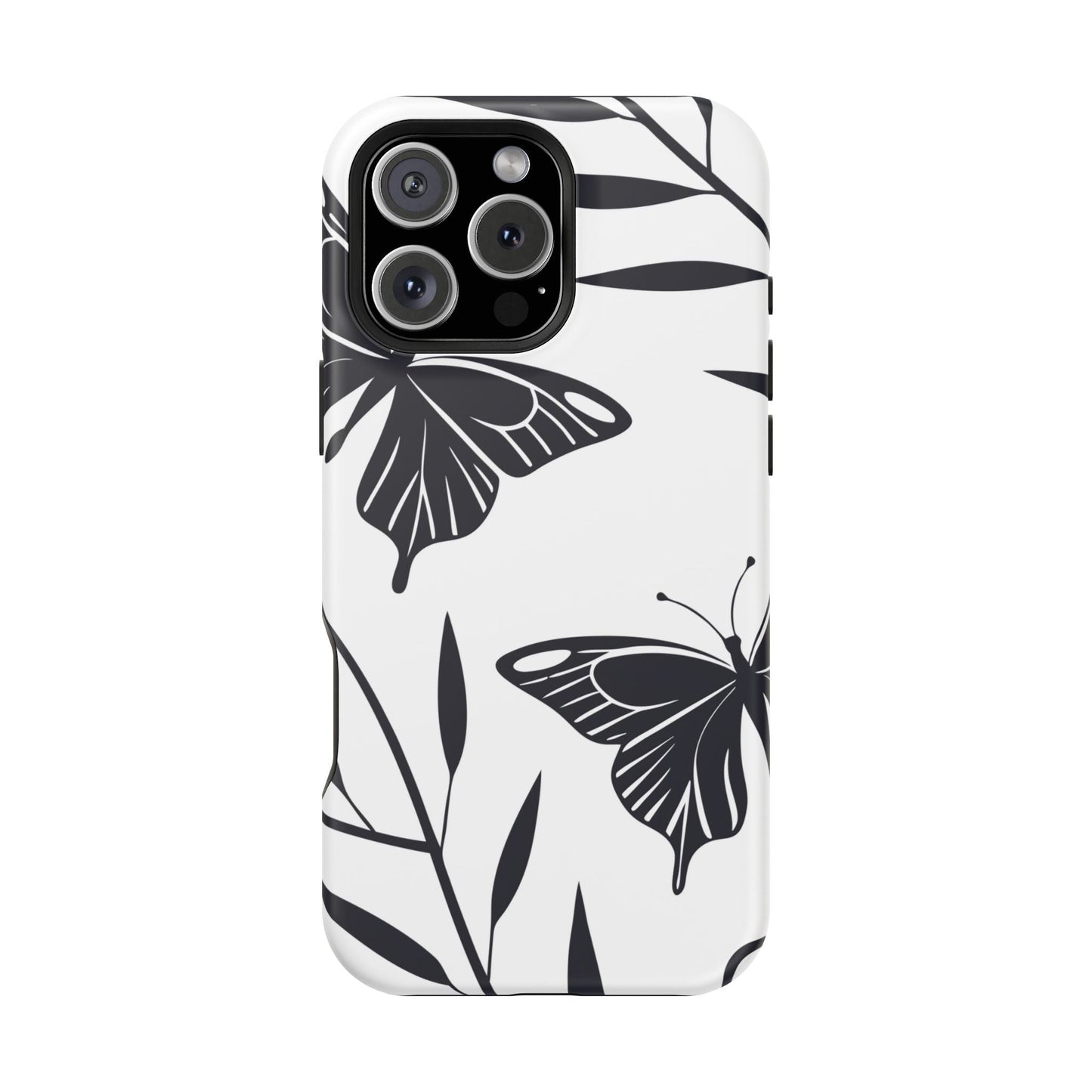 black and white minimalist butterfly iPhone case with MagSafe compatible durable protective cover