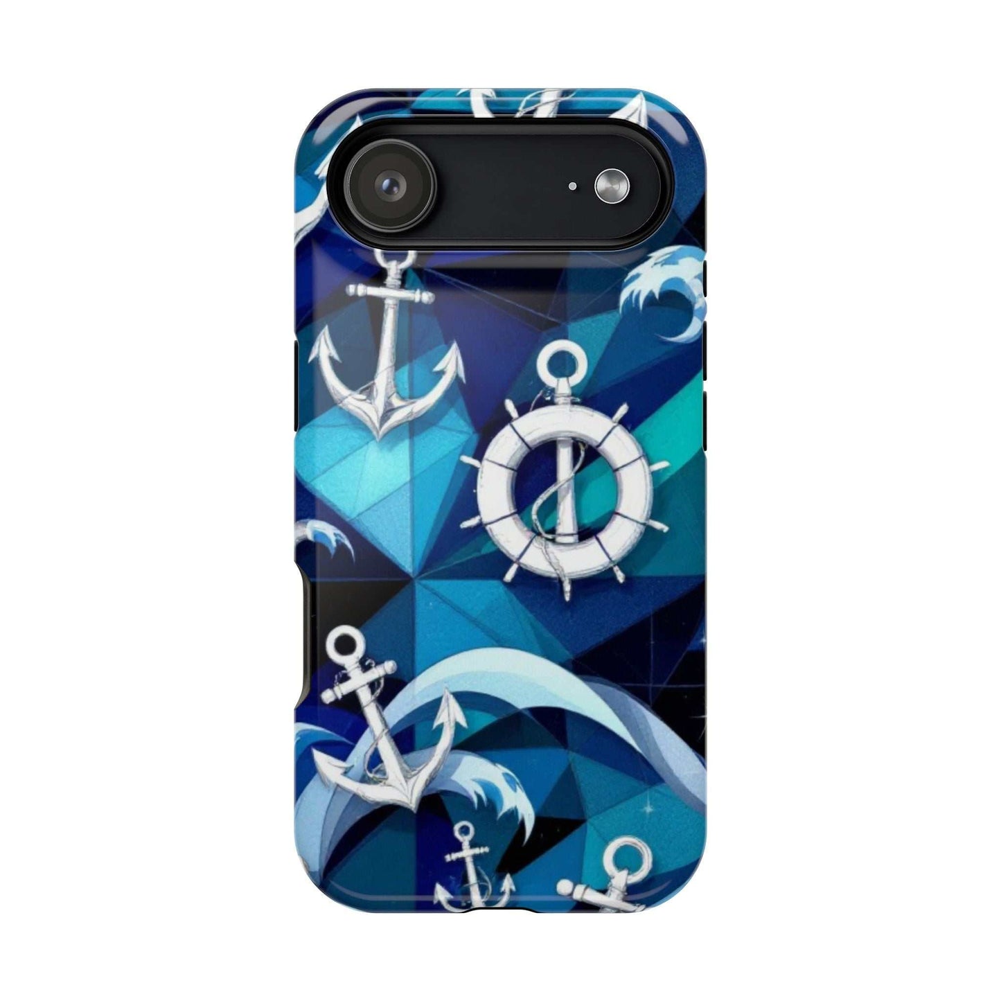 Nautical Anchors iPhone case with blue maritime design and MagSafe compatibility