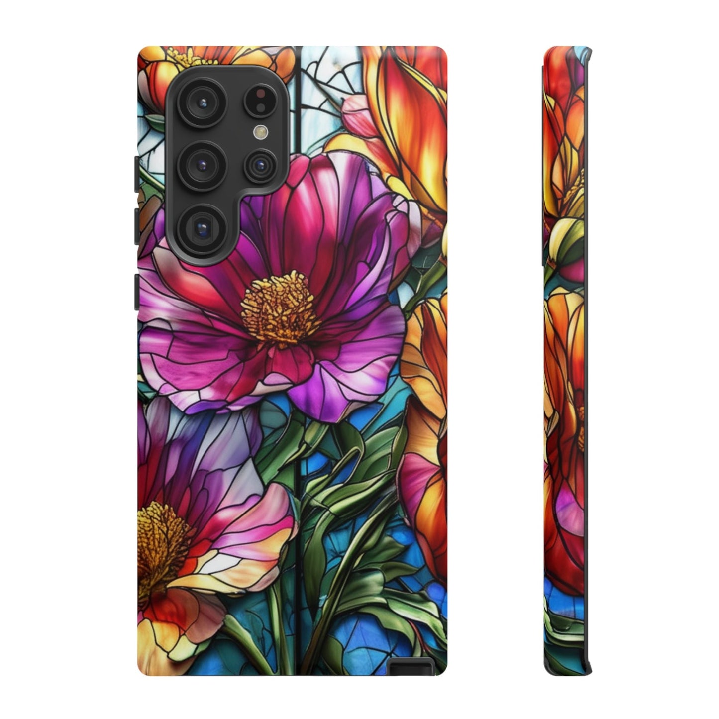 Samsung phone case with vibrant purple flower design, durable impact-resistant protection, and UV-resistant 3D wrap for wireless charging compatibility