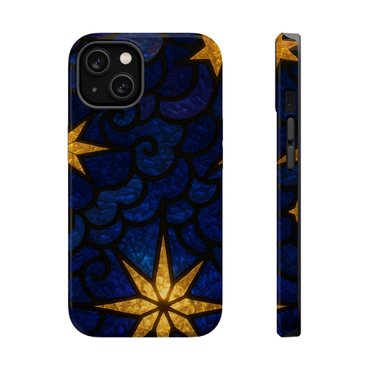 iPhone tough case with golden star design on dark blue textured background, MagSafe compatible and dual layer protective finish