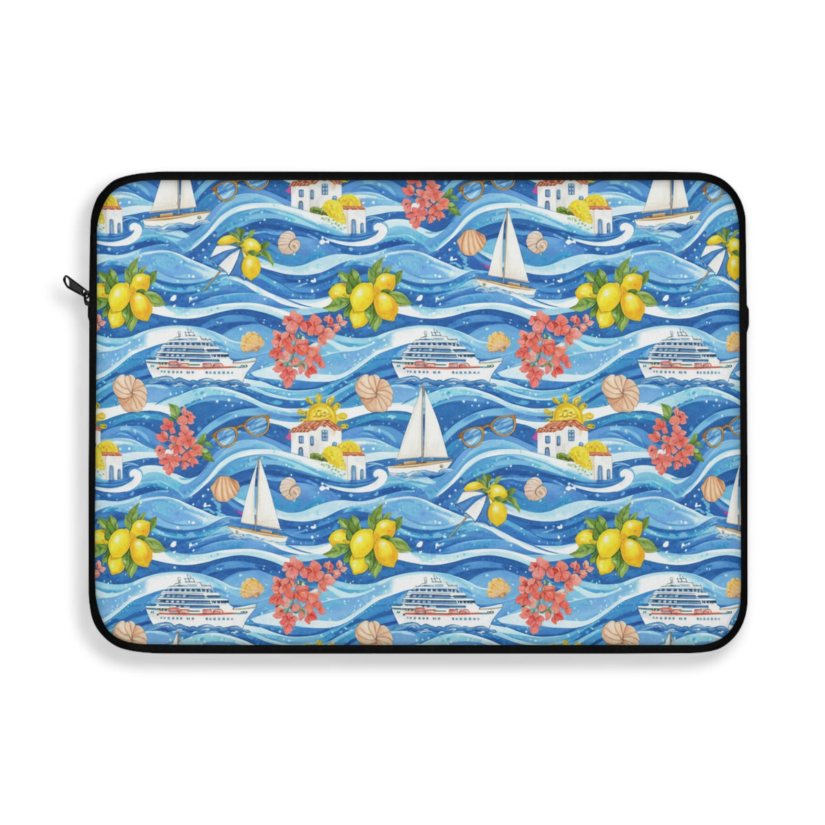 Laptop sleeve with a watercolor pattern of cruise ships, sailboats, lemons, houses, and flowers on blue waves.