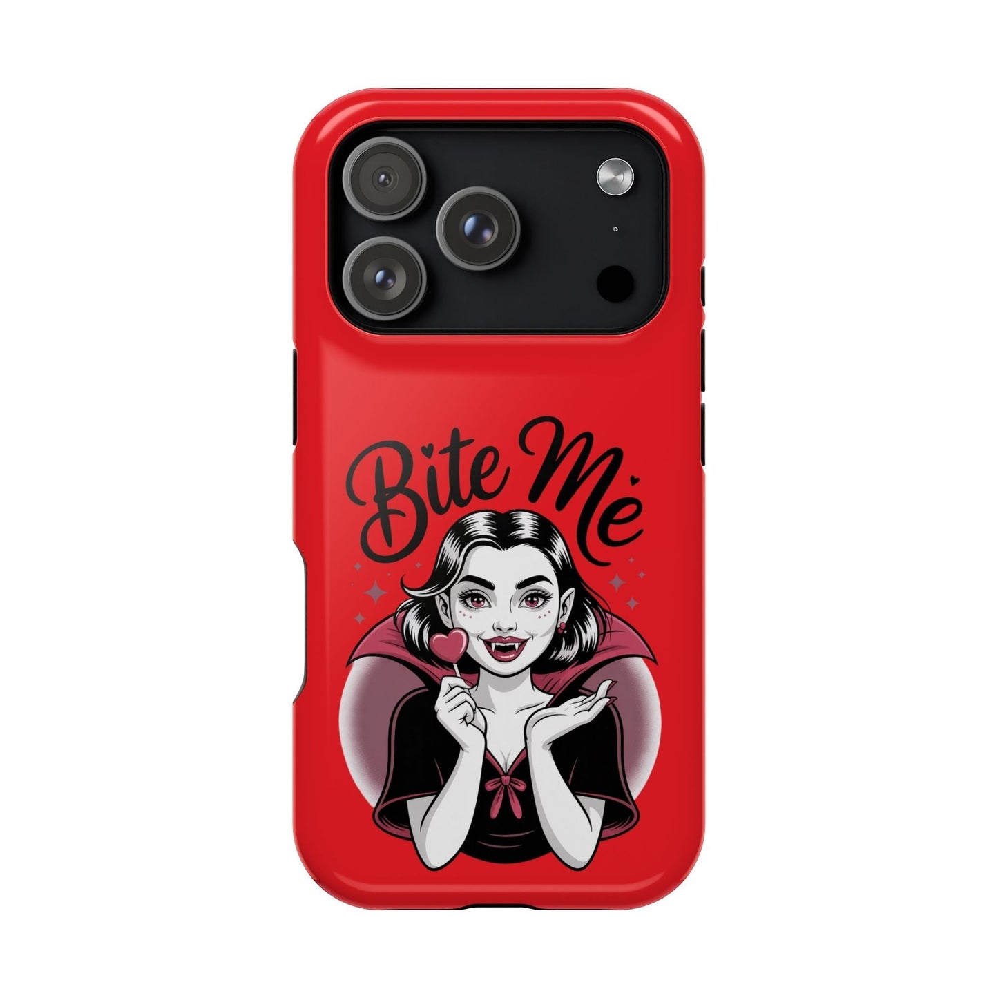Halloween Vampire iPhone Tough Case with red "Bite Me" design and vampire illustration, durable dual-layer protection, MagSafe compatible