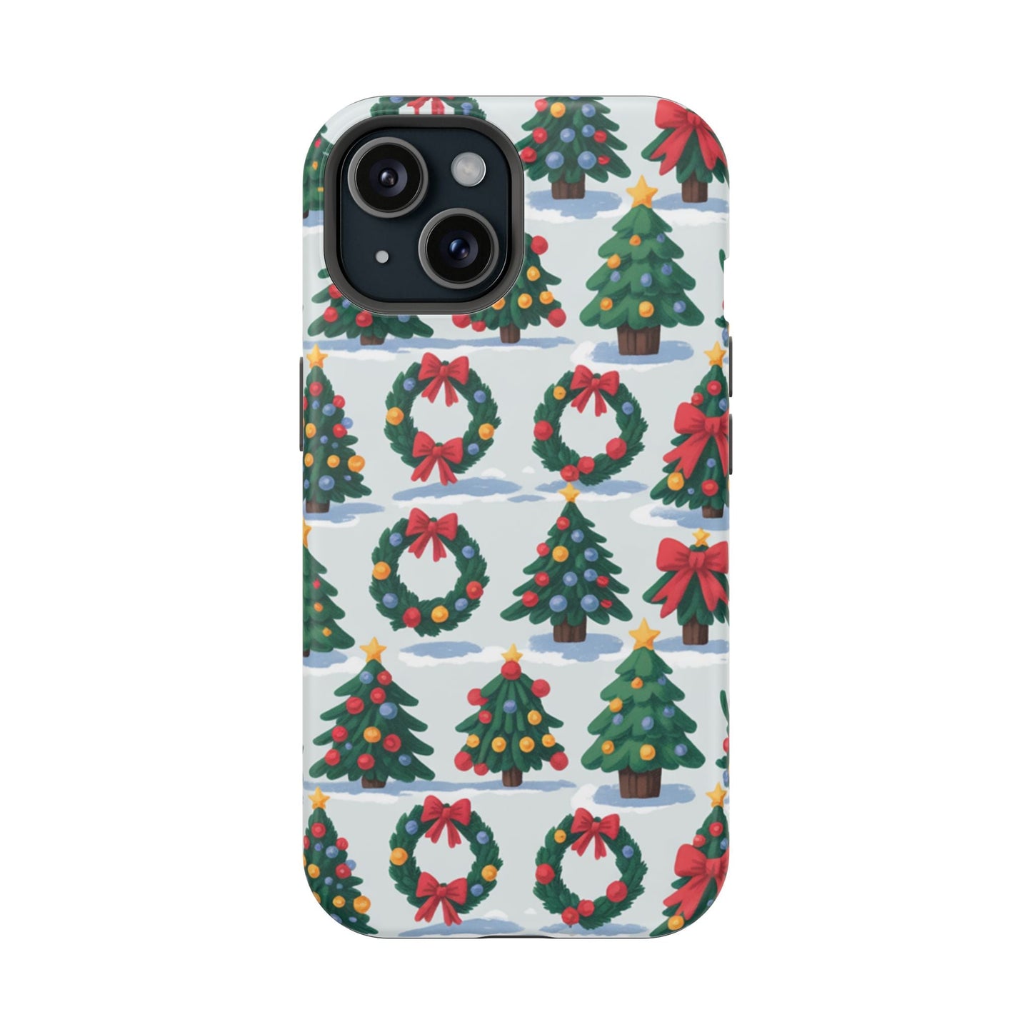 iPhone case with festive Holiday Tree and Wreath pattern in vibrant colors for Christmas protection