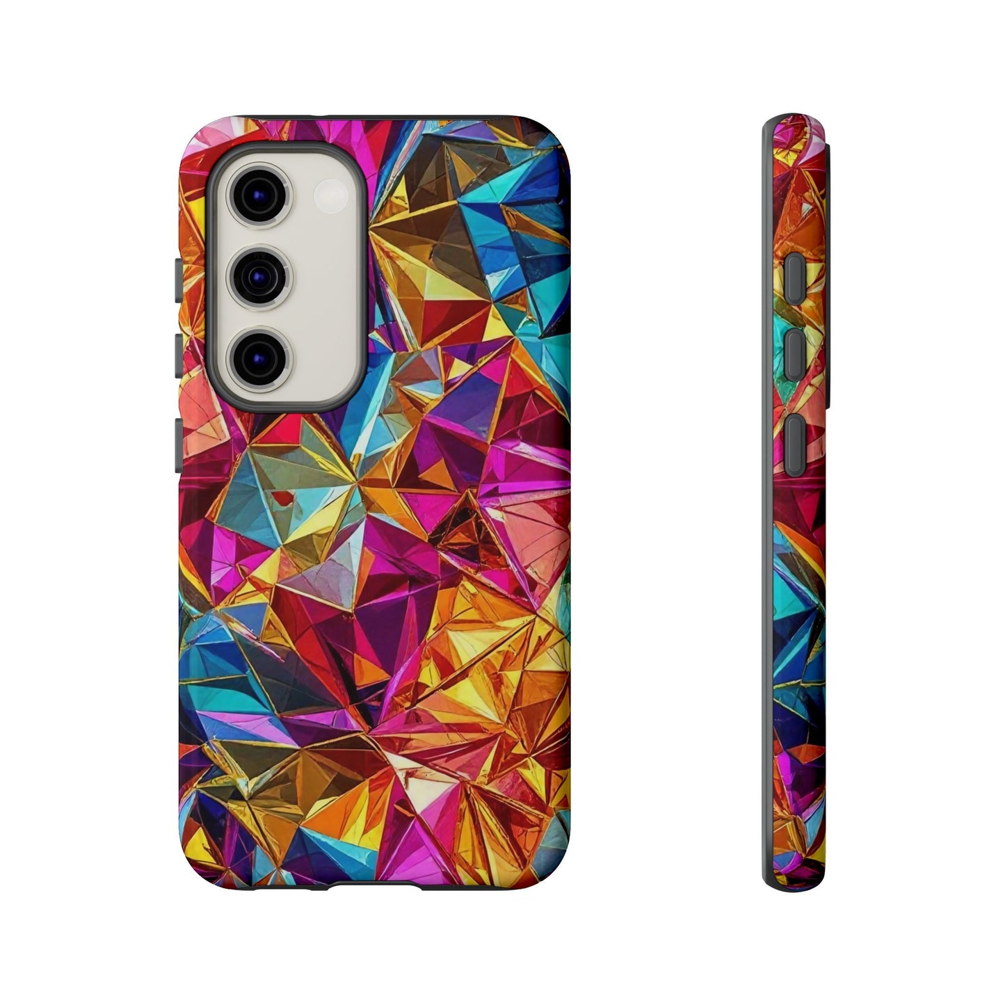 Rainbow foil Samsung tough case with vibrant geometric 3D design for durable phone protection.