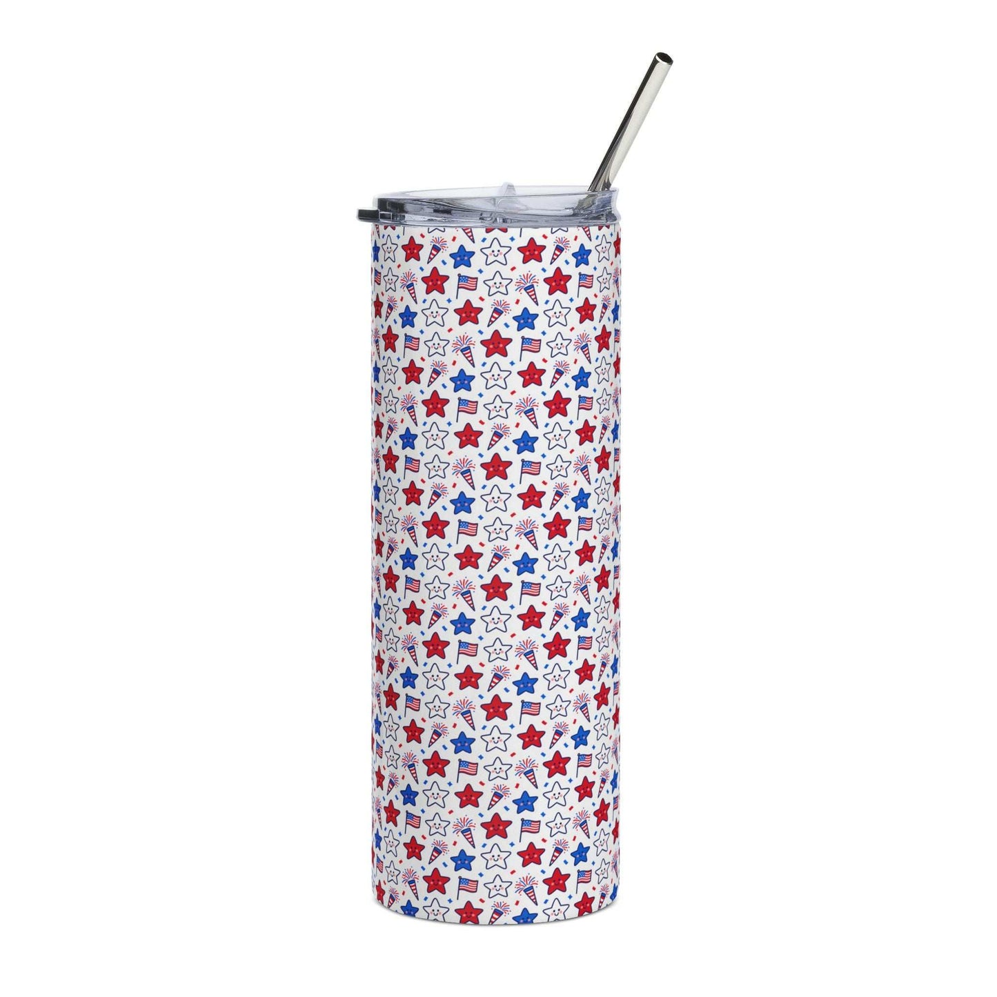 Kawaii 4th of July 20oz stainless steel tumbler with patriotic red, white, and blue design, lid, and straw