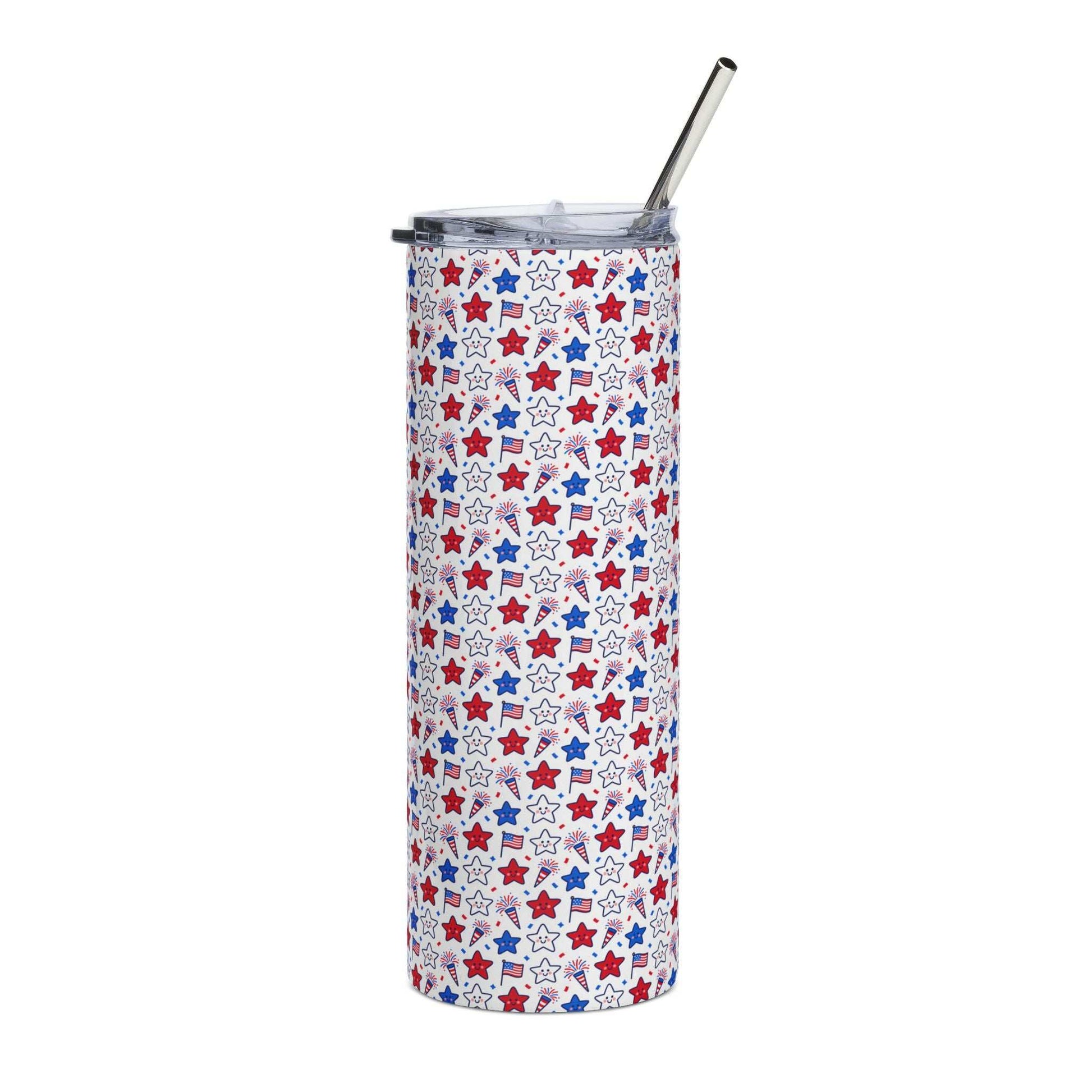 Kawaii 4th of July 20oz stainless steel tumbler with patriotic red, white, and blue design, lid, and straw
