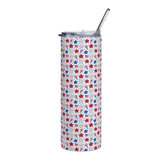 Kawaii 4th of July 20oz stainless steel tumbler with patriotic red, white, and blue design, lid, and straw
