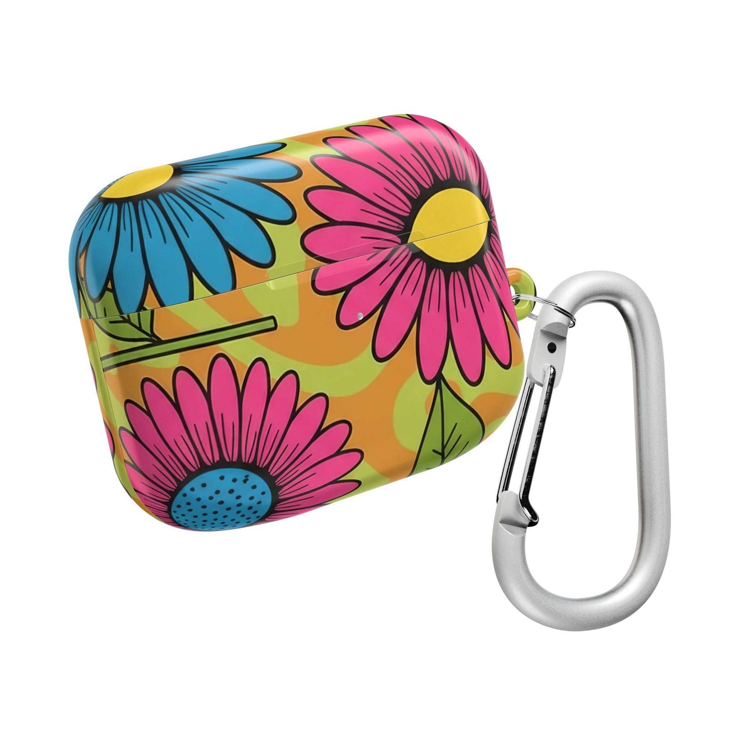 Love Child AirPod Case with colorful floral design and silver carabiner clip