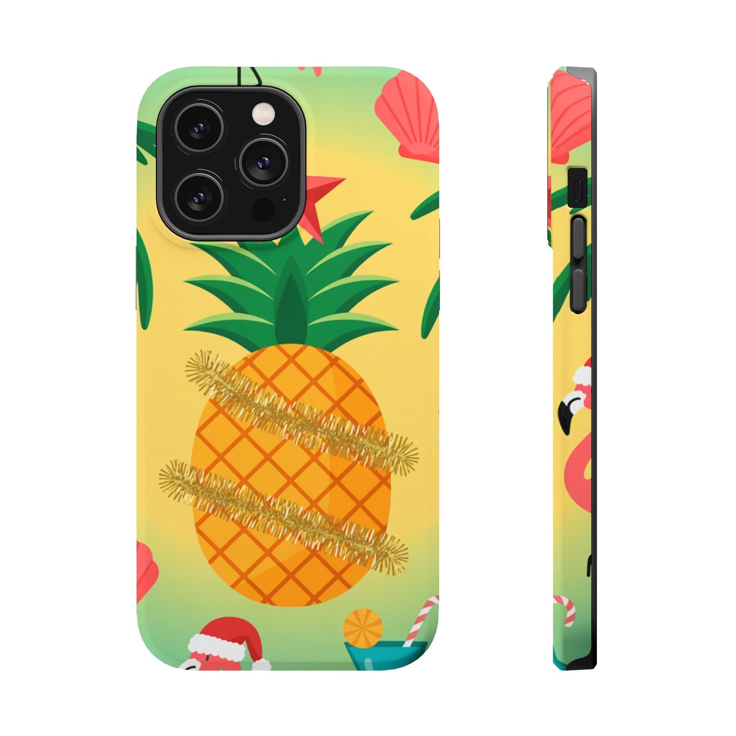 iPhone case featuring a festive pineapple Christmas design with tropical and winter elements, durable polycarbonate, MagSafe compatible.