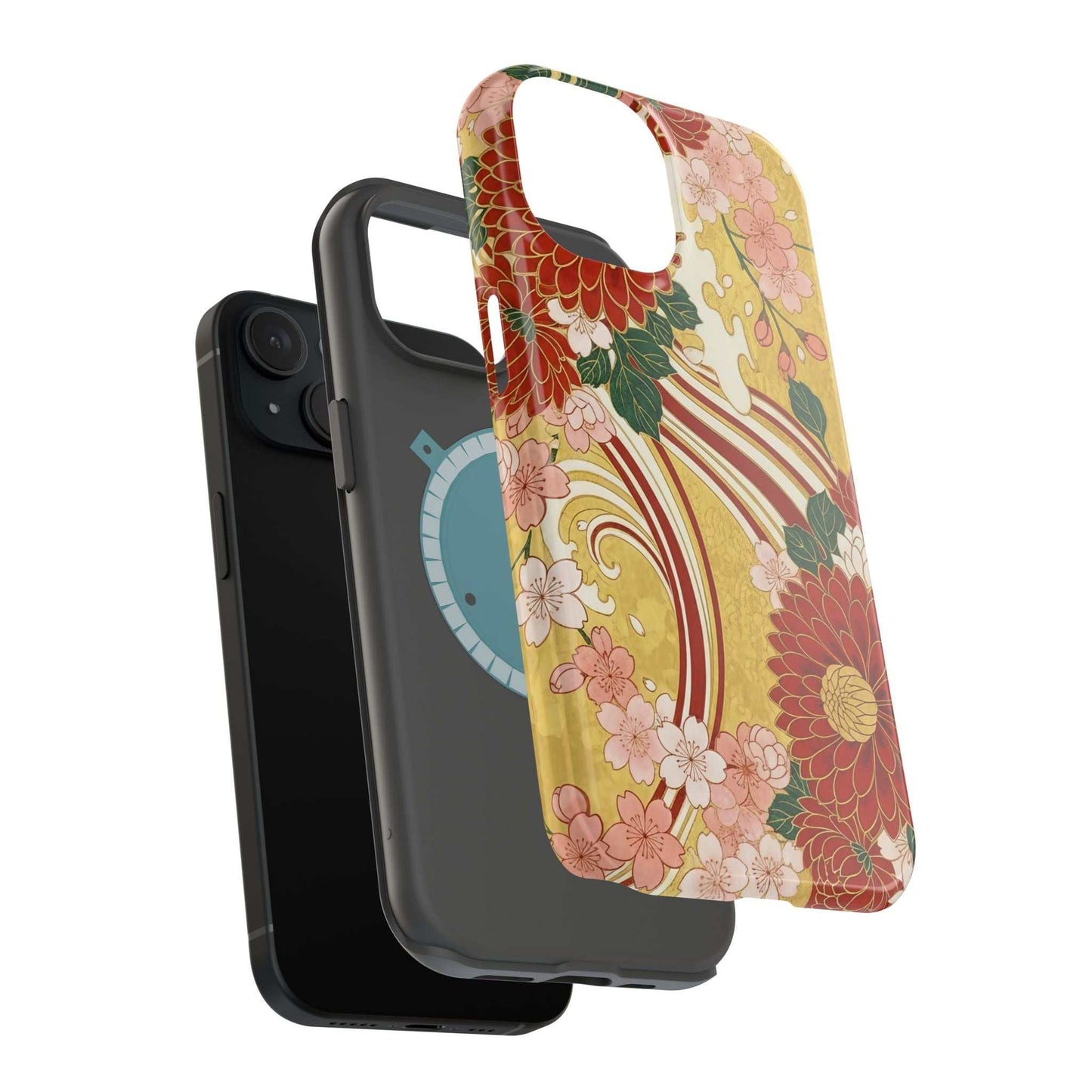 iPhone case with Japanese chrysanthemum and cherry blossom floral design, impact-resistant, magnetic MagSafe compatible, dual-layer protection, glossy or matte finish