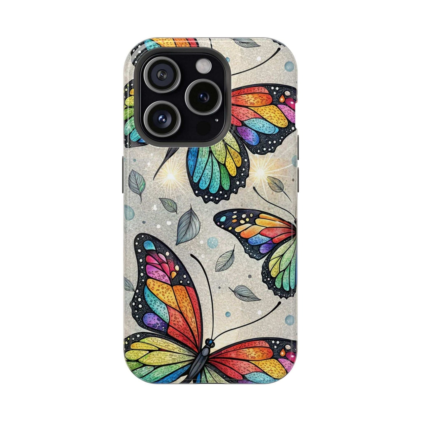 iPhone case with vibrant rainbow butterfly design and dual-layer protection