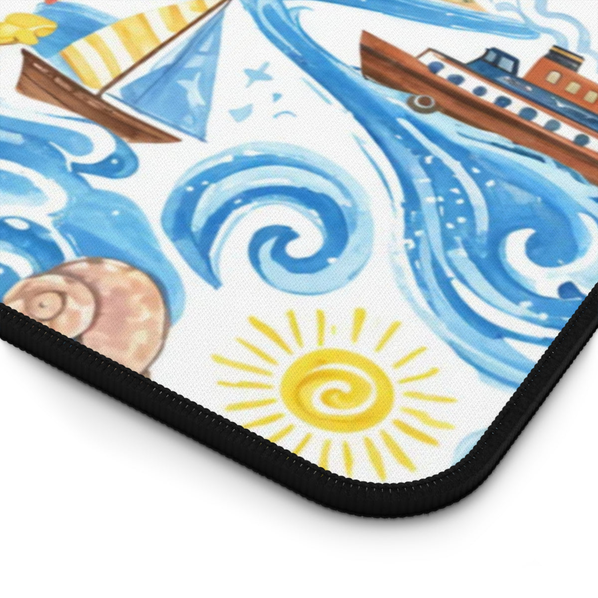 Watercolor illustration of boats, waves, a seashell, and a sun on a white background.