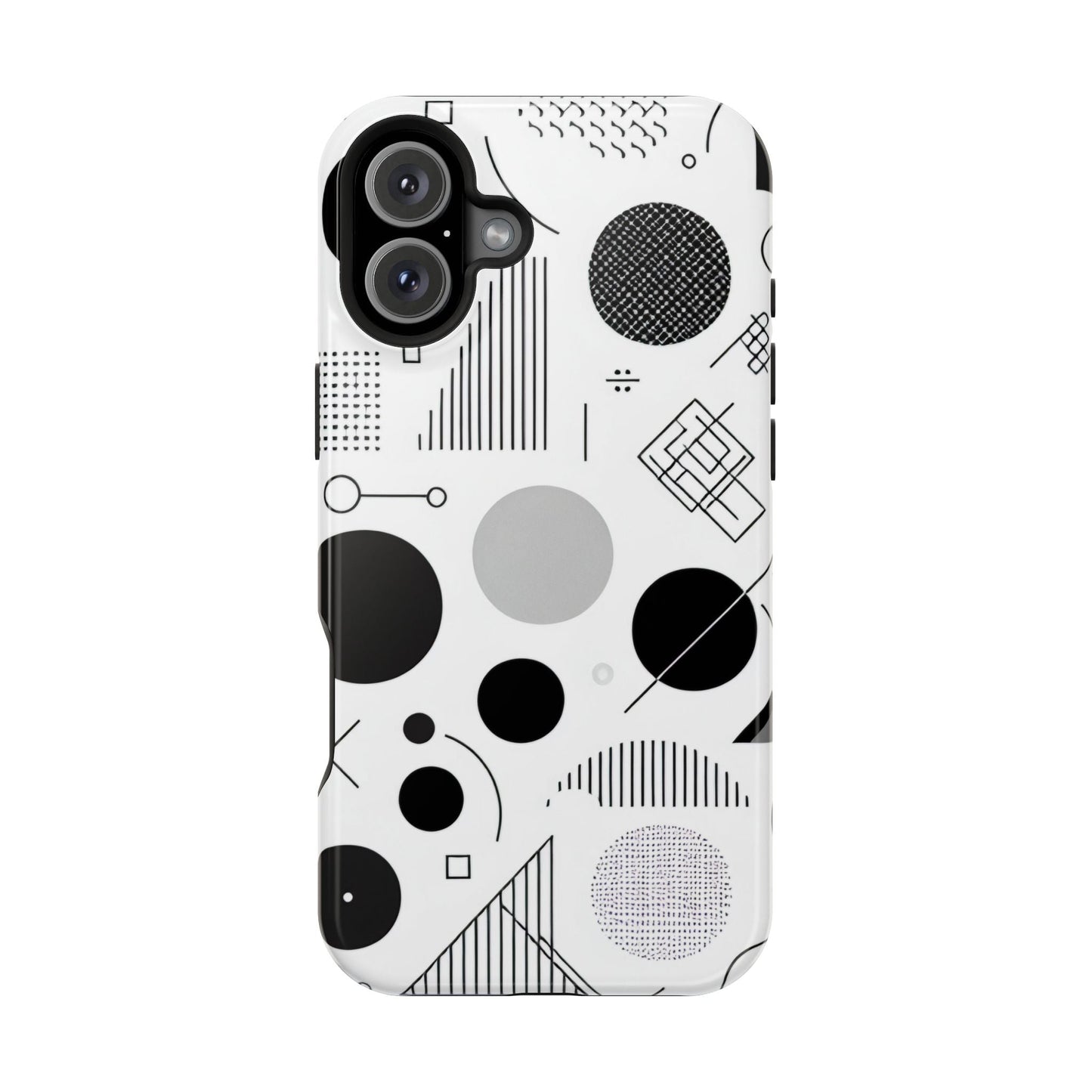 Black and white abstract art iPhone case with geometric minimalist design and protective dual-layer construction