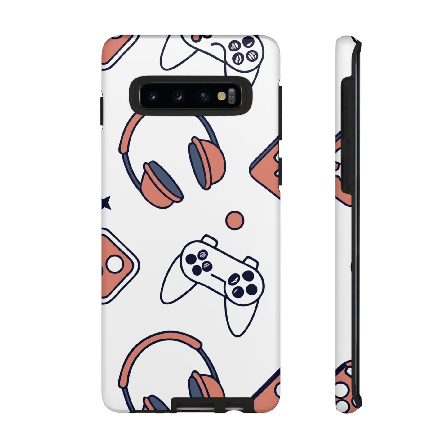 Gamer tough phone case for Samsung with playful gaming controller and headset design on white background