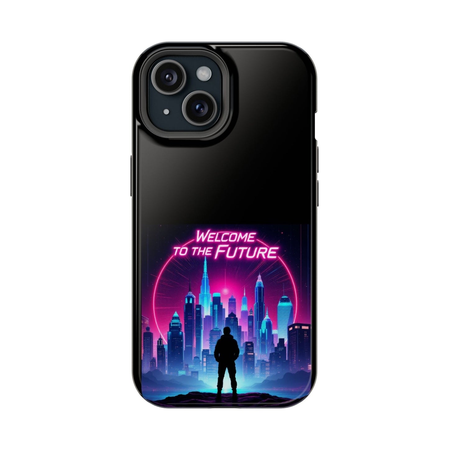 Futuristic Vibe iPhone Case with neon cityscape and "Welcome to the Future" text, durable MagSafe compatible tough case