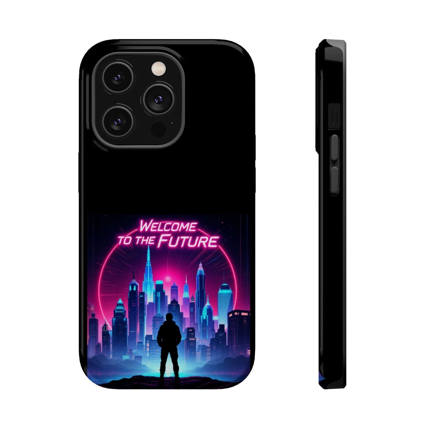 Futuristic Vibe iPhone Case with neon cityscape design and MagSafe® compatibility