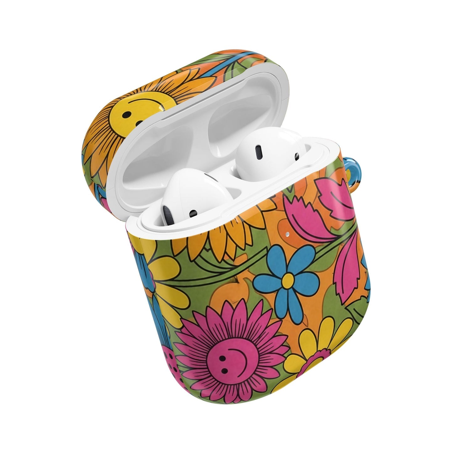 Flower Power AirPod Case with colorful floral design and smiley faces on durable polycarbonate protective cover