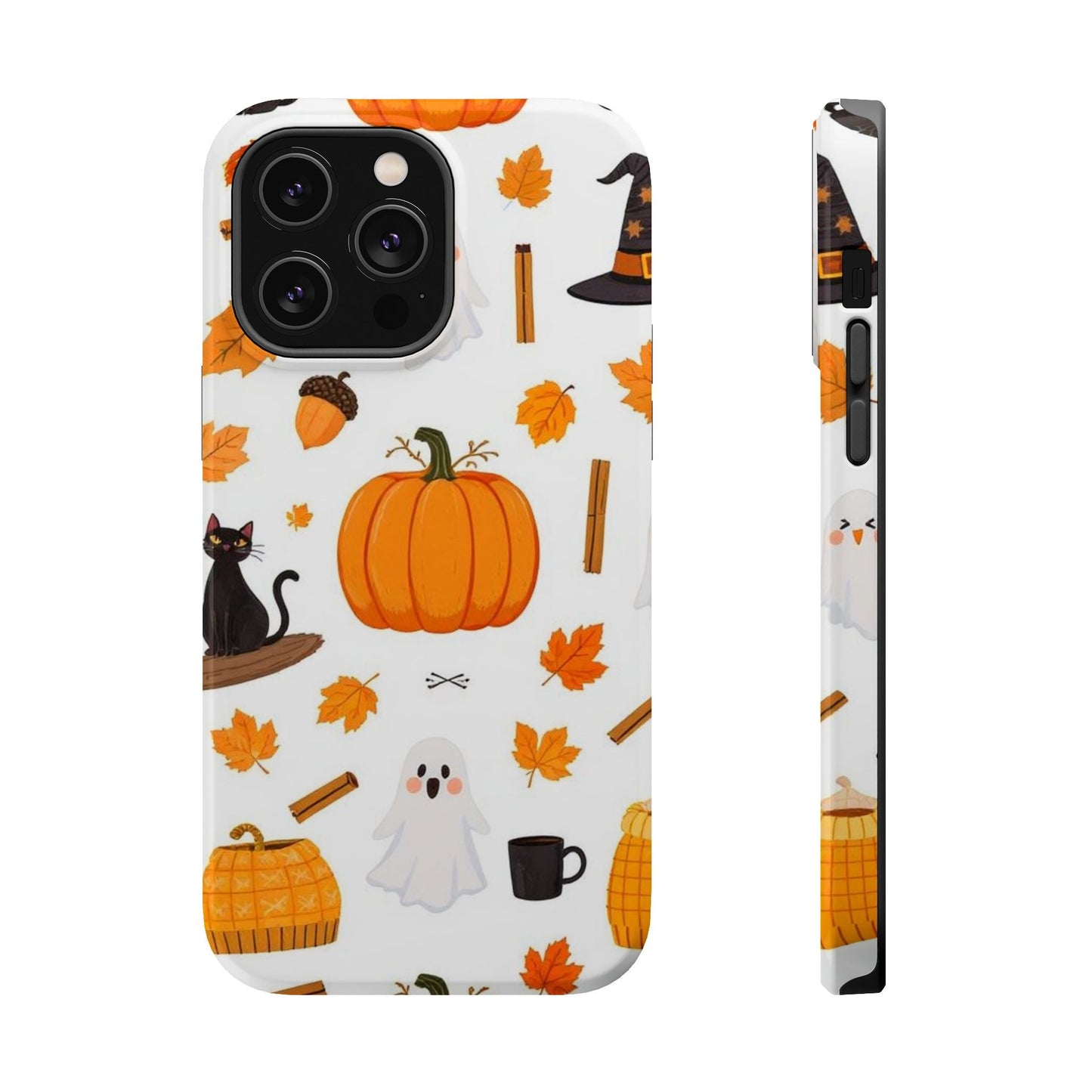 Halloween Pumpkins iPhone case with pumpkin, ghost, leaves, and black cat design on white background, durable protective cover with MagSafe compatibility
