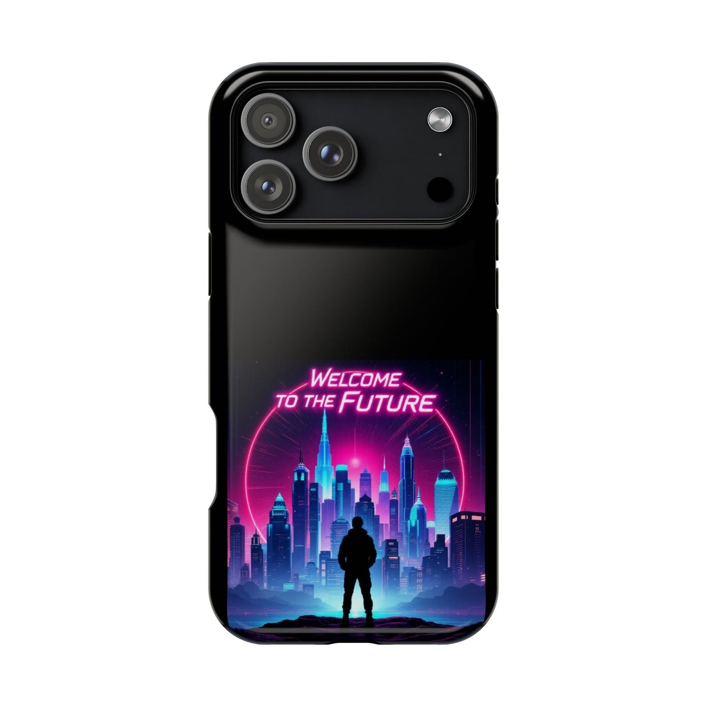 Futuristic Vibe iPhone Case with neon cityscape design and "Welcome to the Future" text, durable MagSafe tough protection