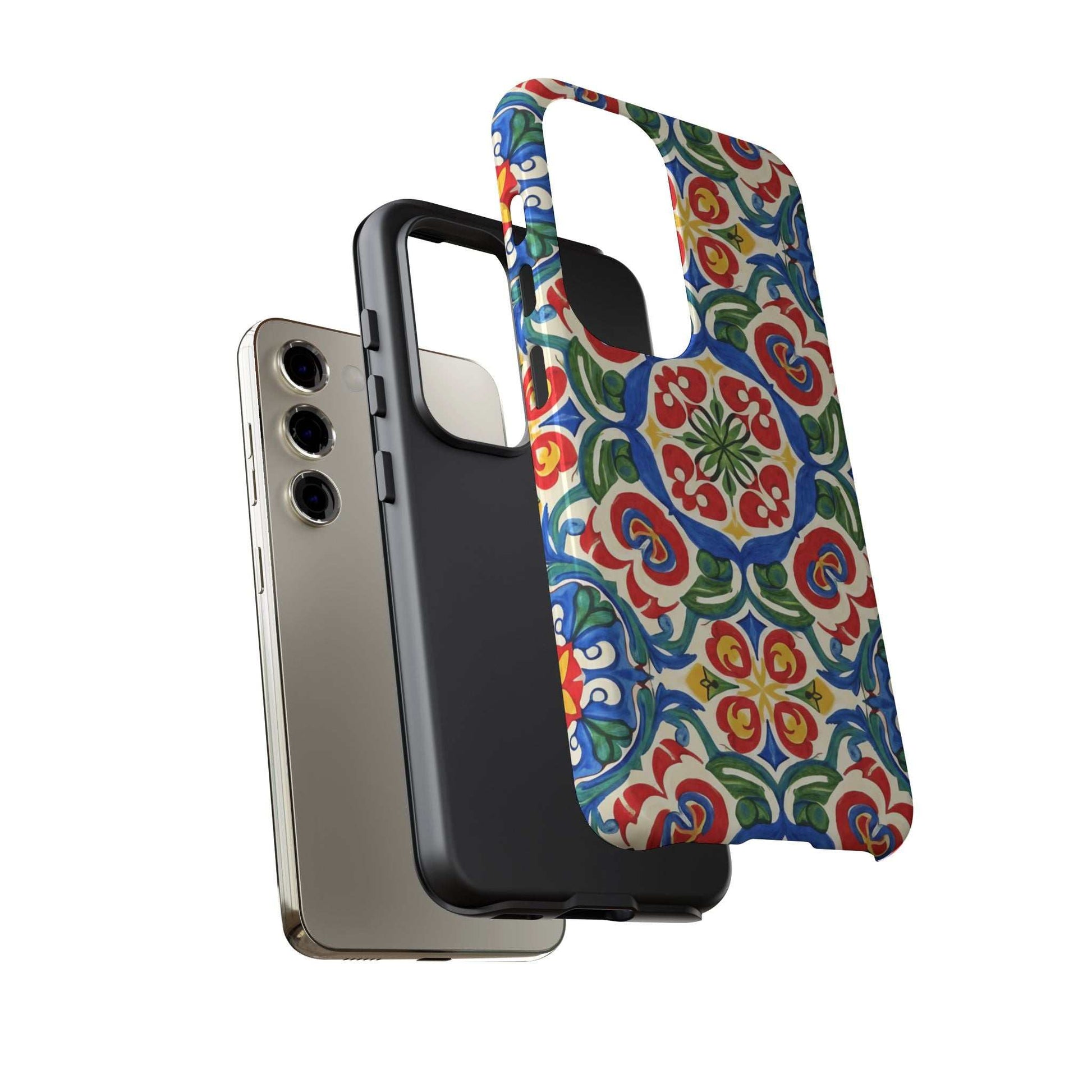 Mediterranean Samsung case with hand-painted folk tile pattern and dual-layer protection