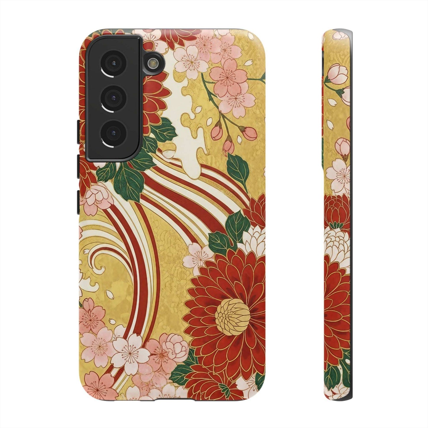 Samsung Case with Japanese floral gold chrysanthemum design, durable and impact-resistant phone cover