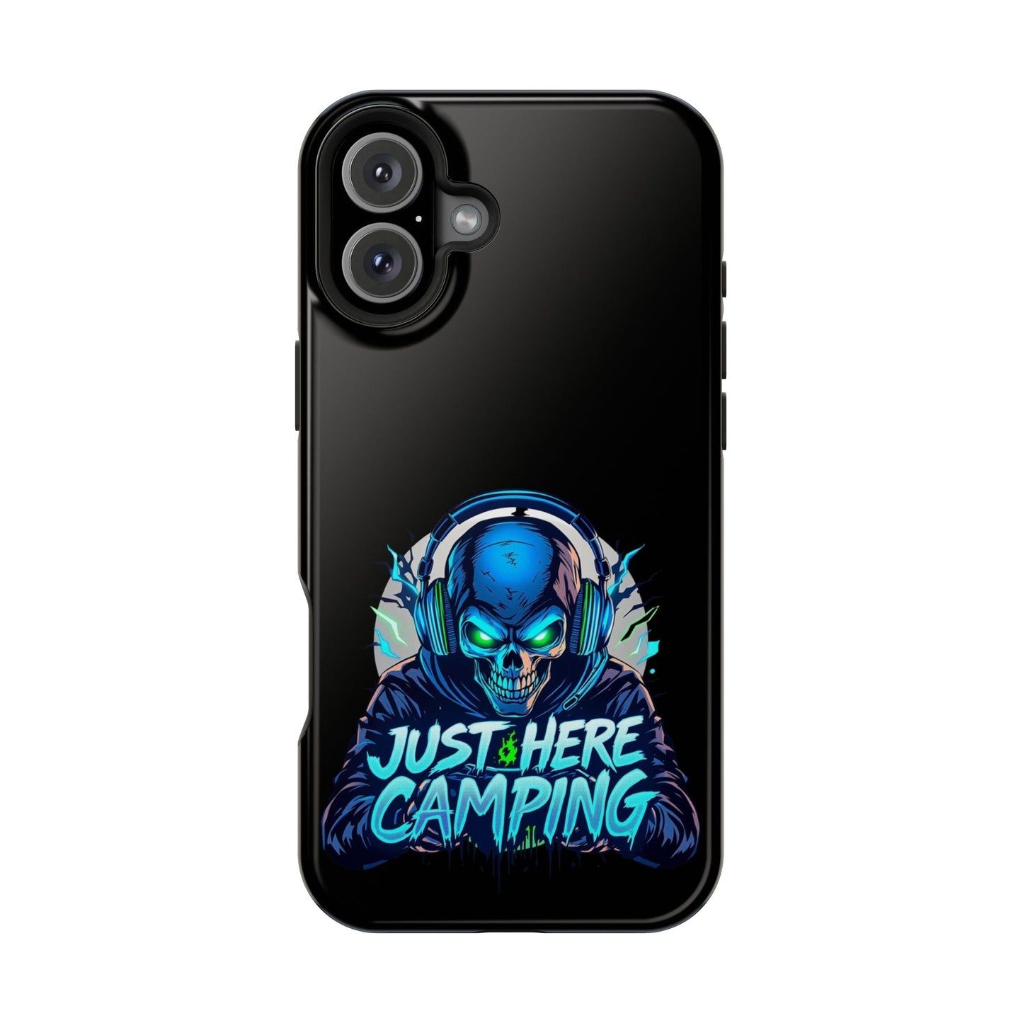 Tough iPhone case with vibrant Just Here Camping Gamer skull design and MagSafe compatibility