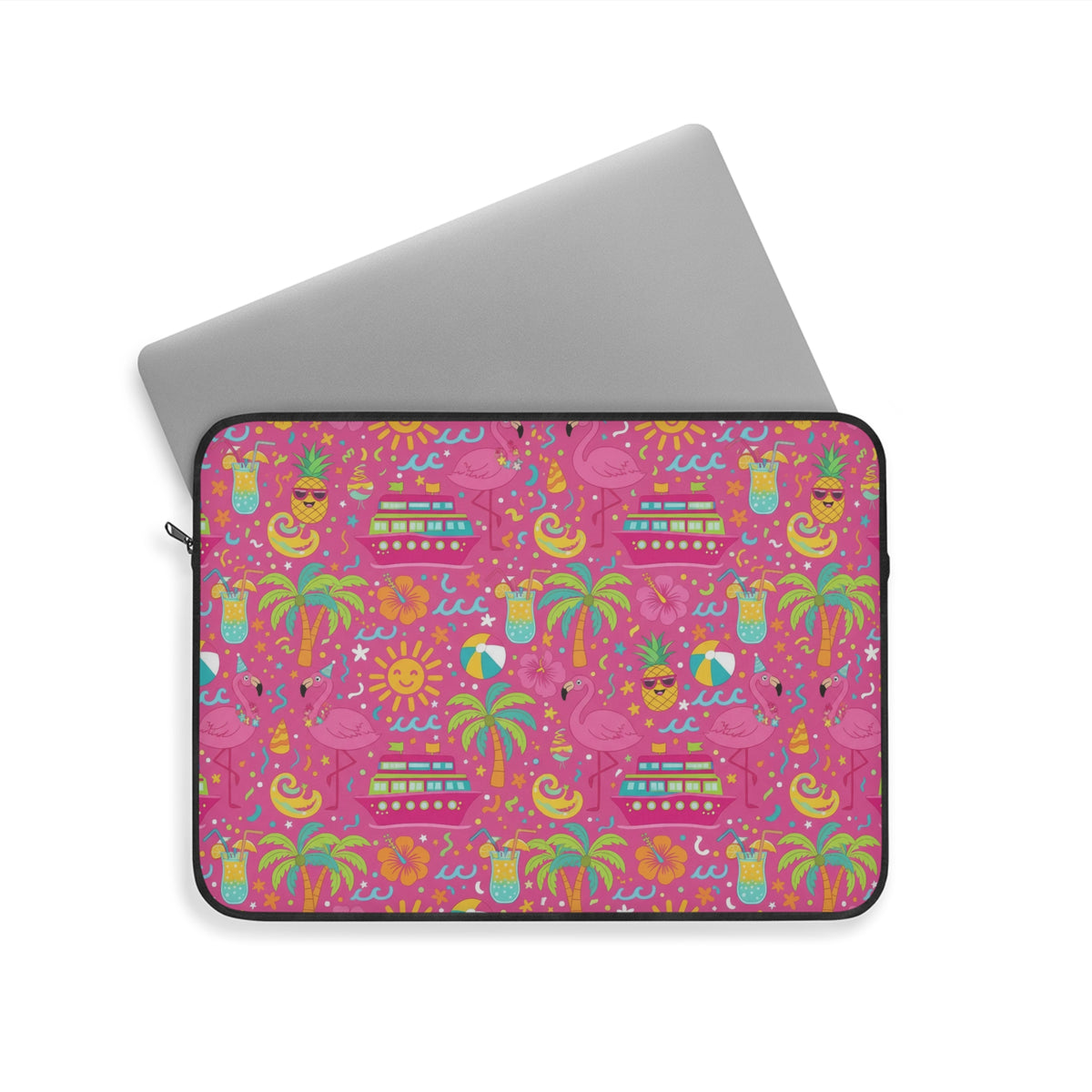 Laptop sleeve with a pink background and a repeating pattern of flamingos, palm trees, and tropical drinks.