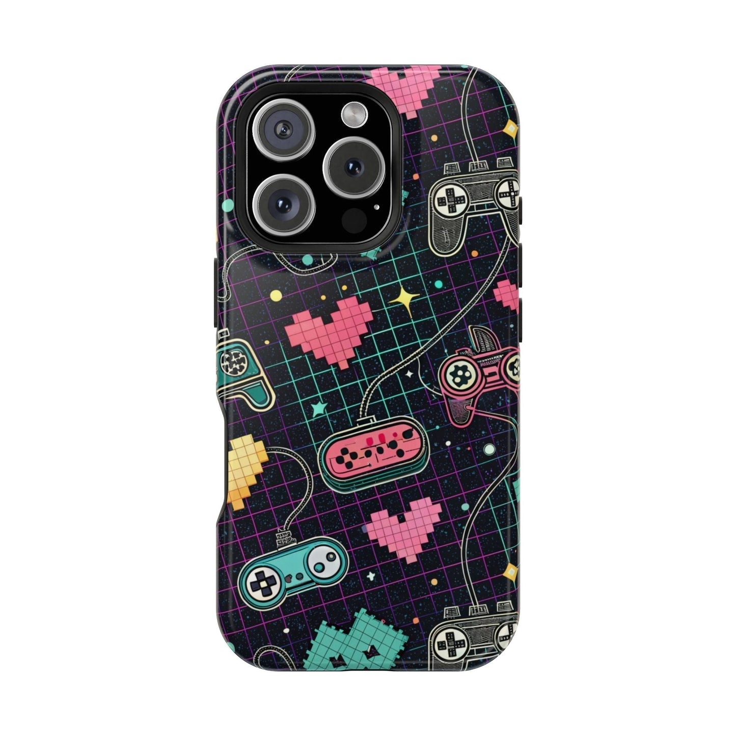 Retro Gamer Inspired durable dual-layer iPhone case with colorful pixelated game controllers and hearts design, MagSafe compatible.