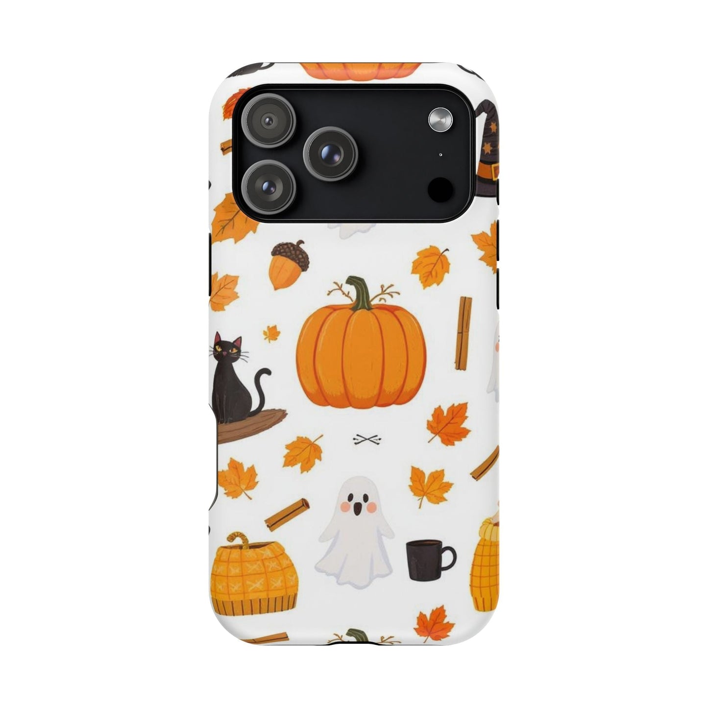 iPhone case with Halloween pumpkins, ghosts, black cat, and autumn leaves design