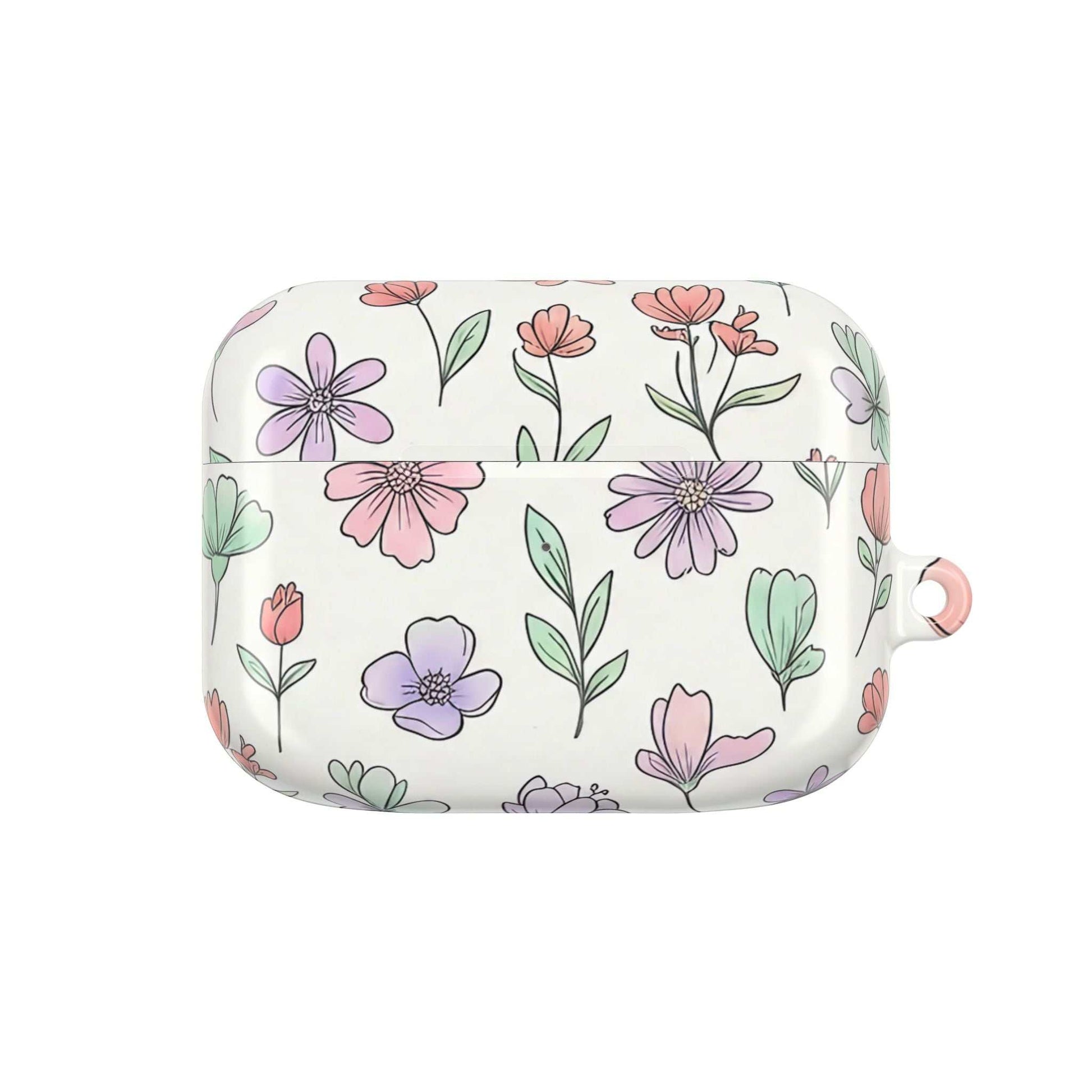 Slim glossy floral AirPod case with carabiner, designed for protection and Qi charging compatibility